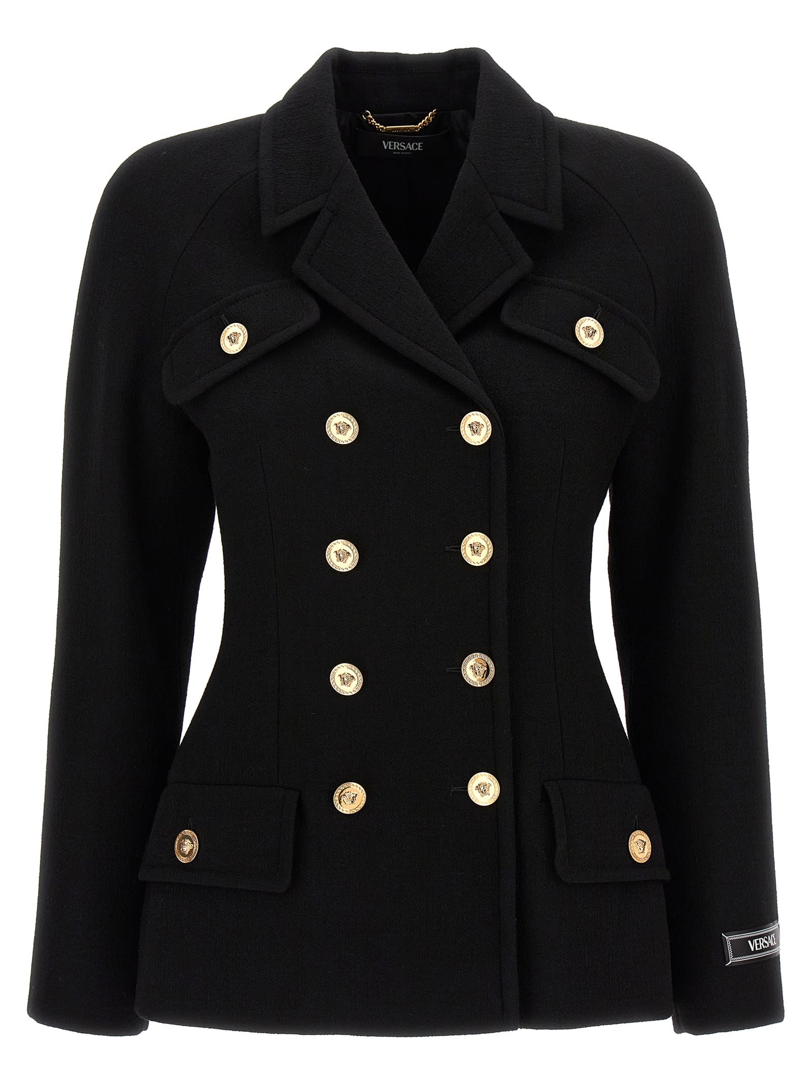 Shop Versace Crepe Double-breasted Jacket In Black