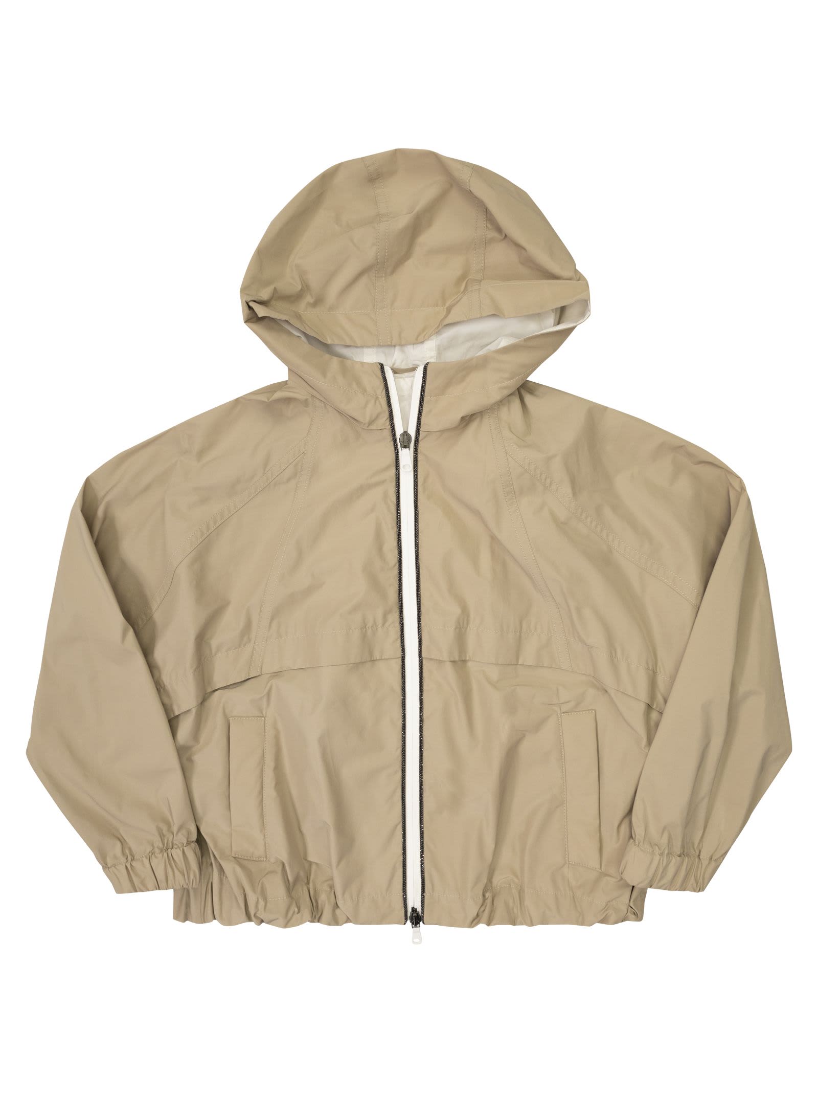 Brunello Cucinelli Kids' Outerwear In Water-repellent Taffeta With Hood And Necklace In Hazelnut