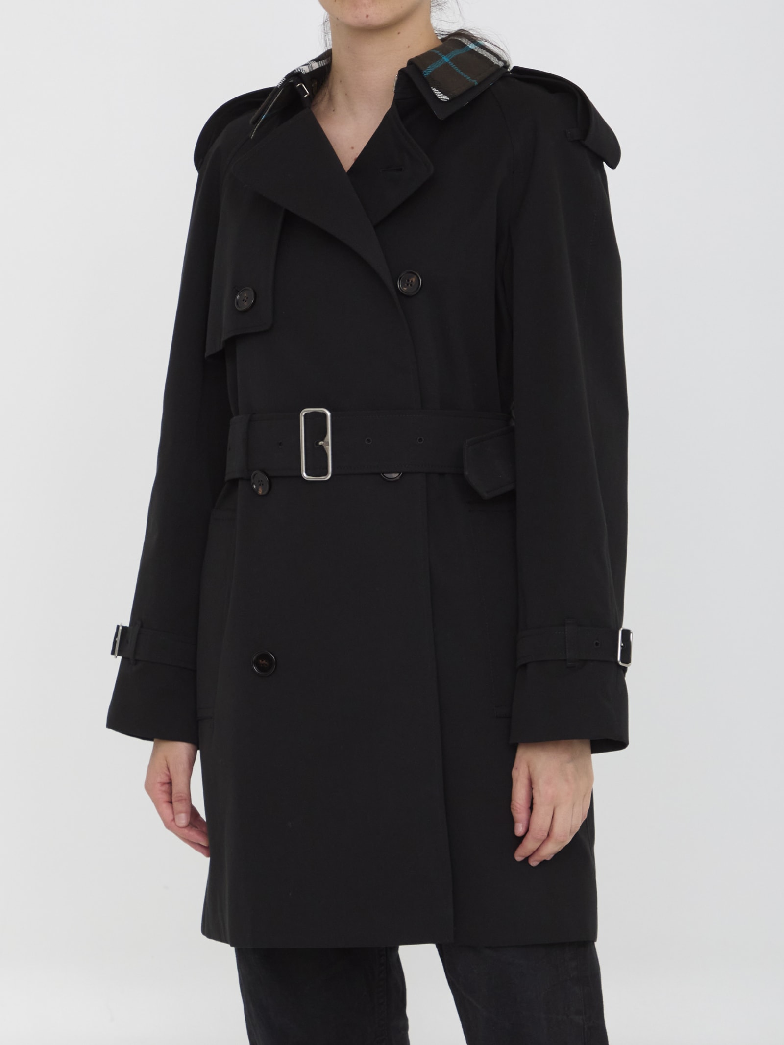 Shop Burberry Raincoat With Check Collar In Black