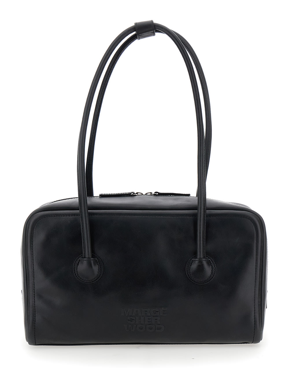 boston Black Shoulder Bag With Embossed Logo Lettering On The Front In Leather Woman