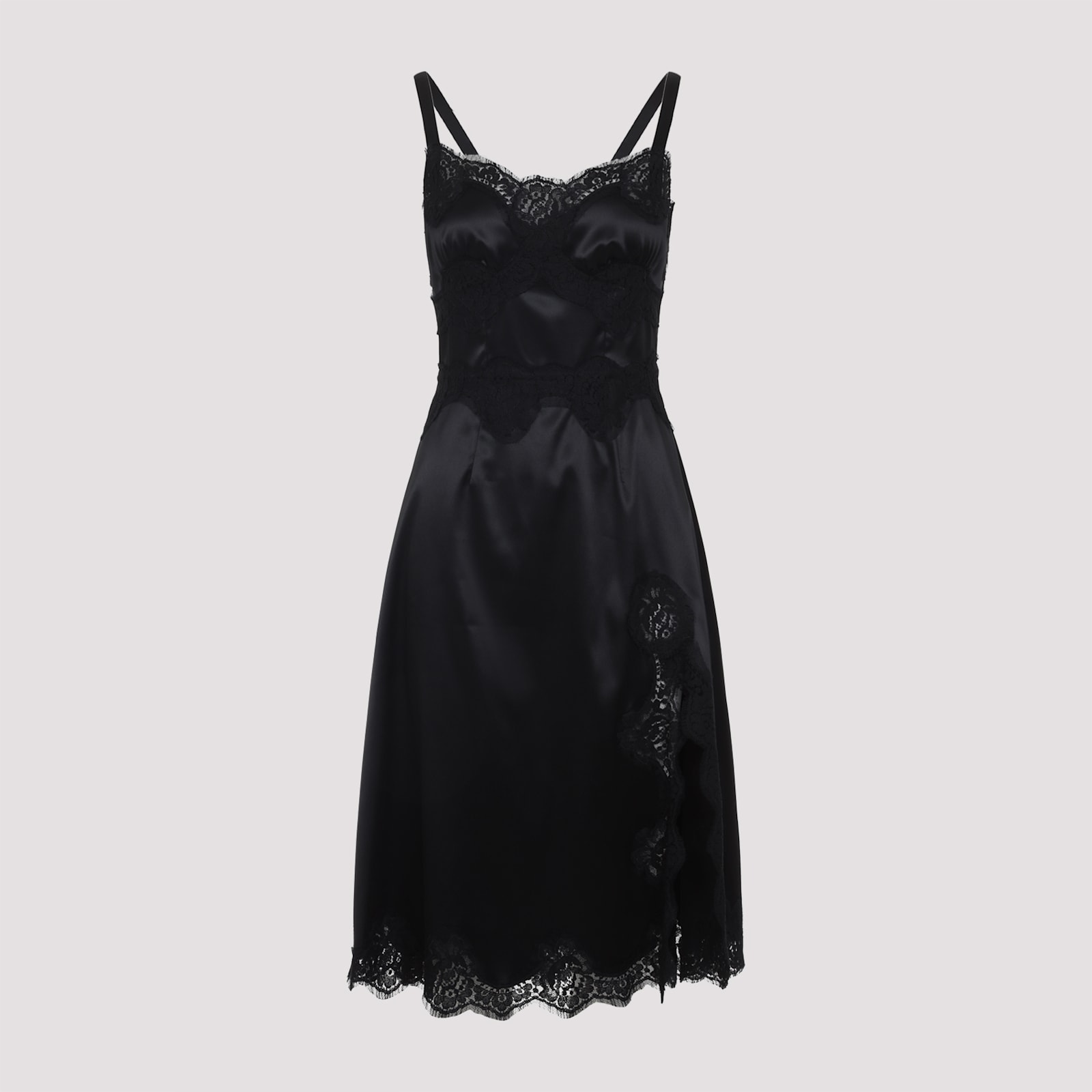 Dolce & Gabbana Lace Trim Satin Dress With Spaghetti Straps In Black