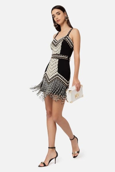 Elisabetta Franchi Minidress With Ethnic Embroidery And Two-tone Fringe In Nero/burro