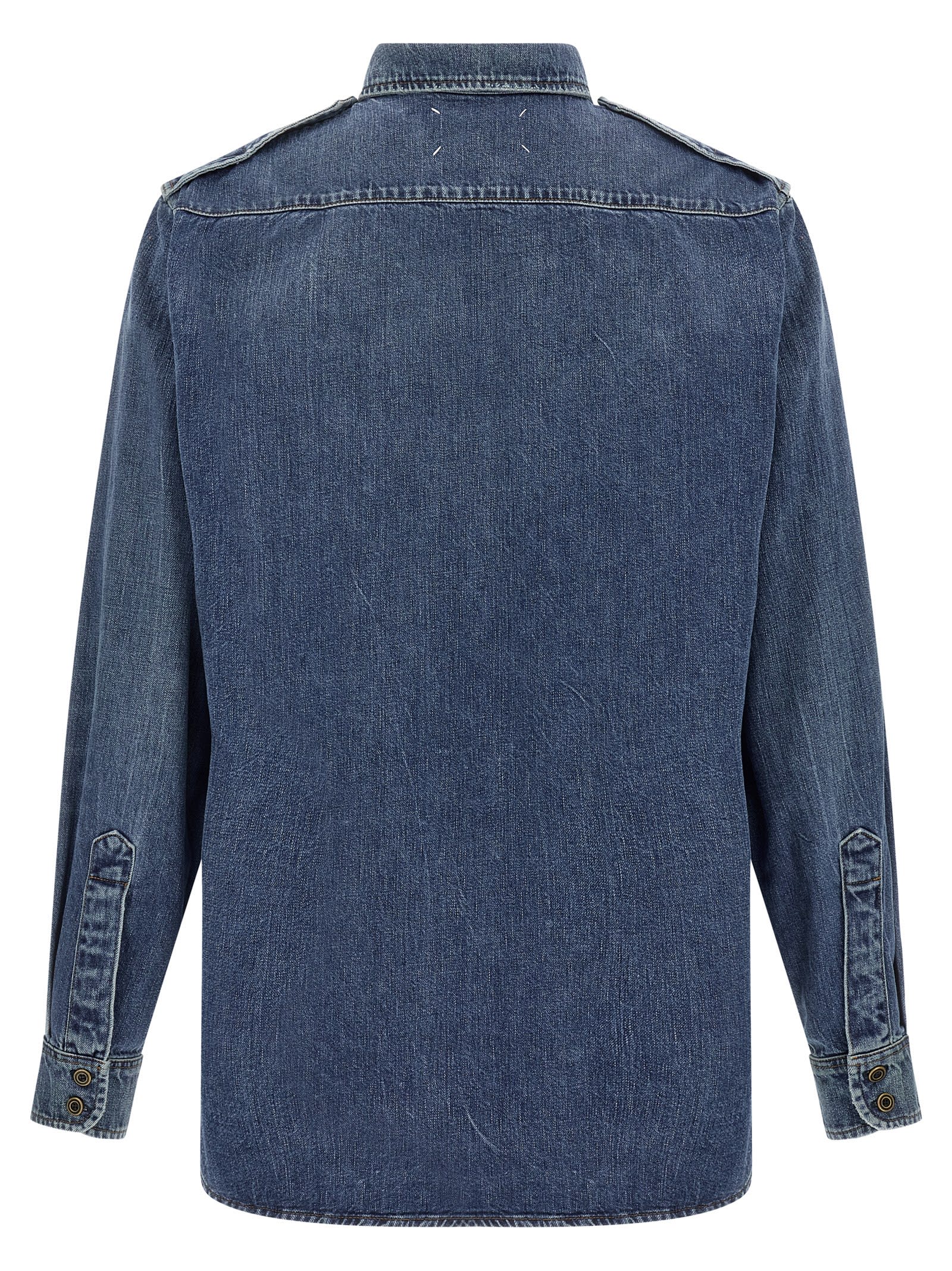 Maison Margiela Used-effect Cotton Denim Shirt With Unique Badges In Blue