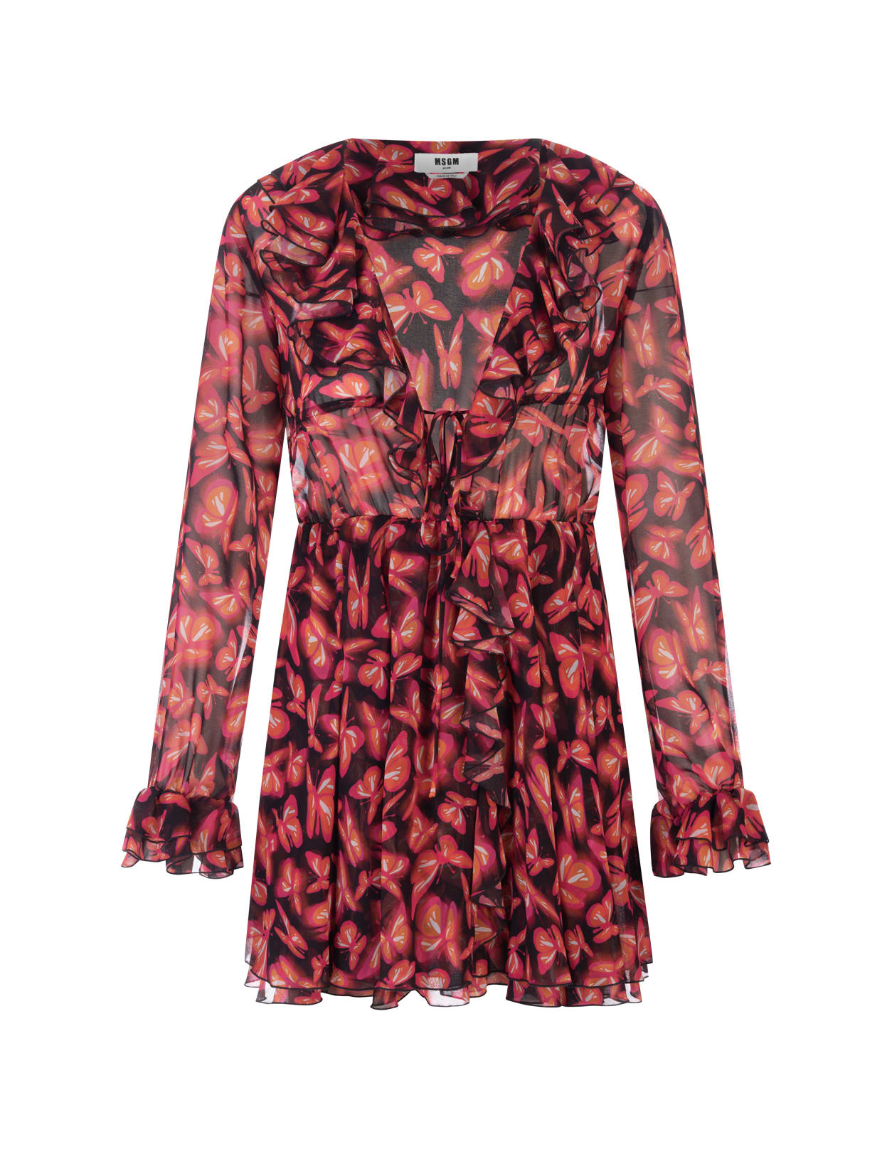 MSGM Short Black Dress With Red Butterflies Print