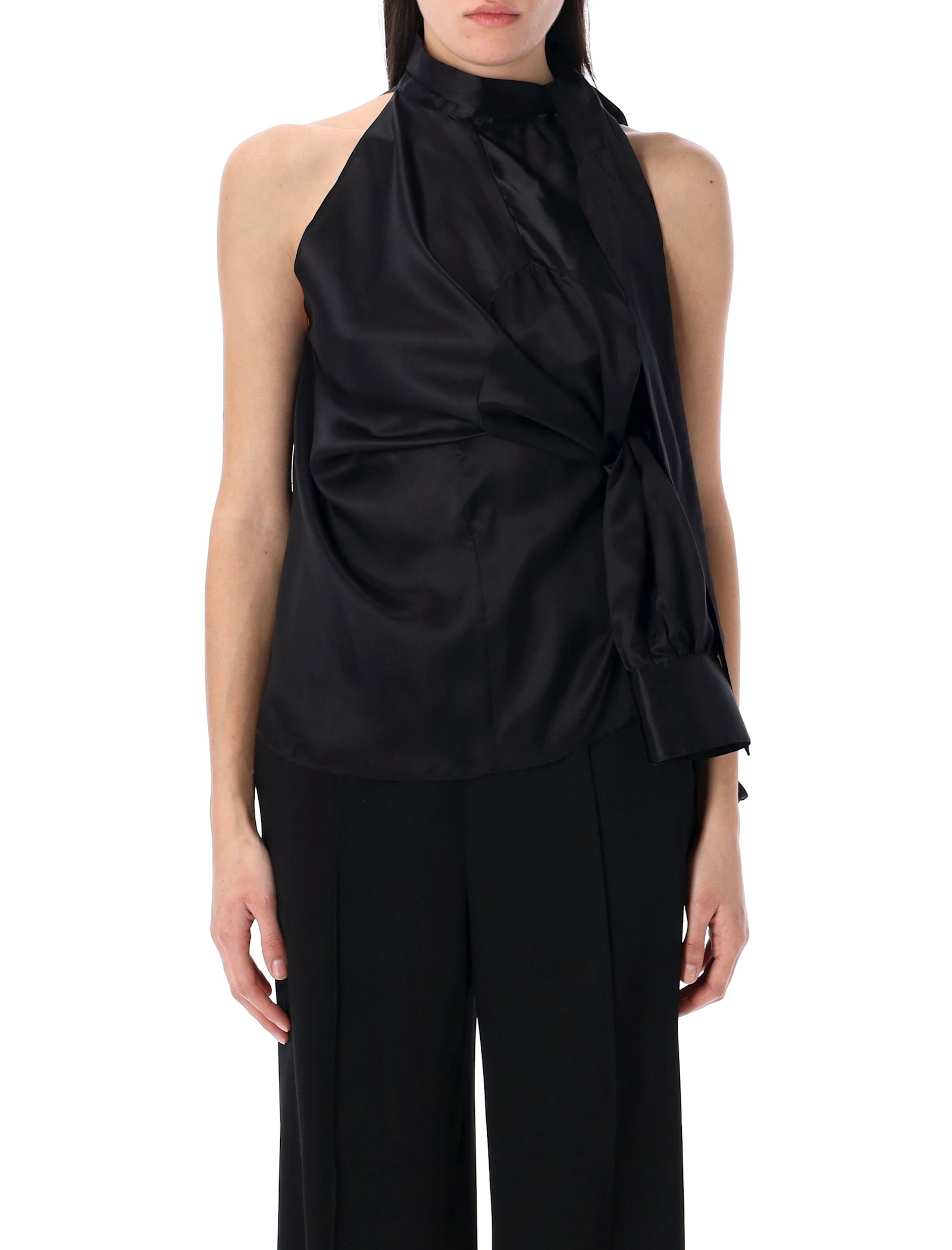 Mm6 Maison Margiela Ribbon Bow Back Satin Top In Black
