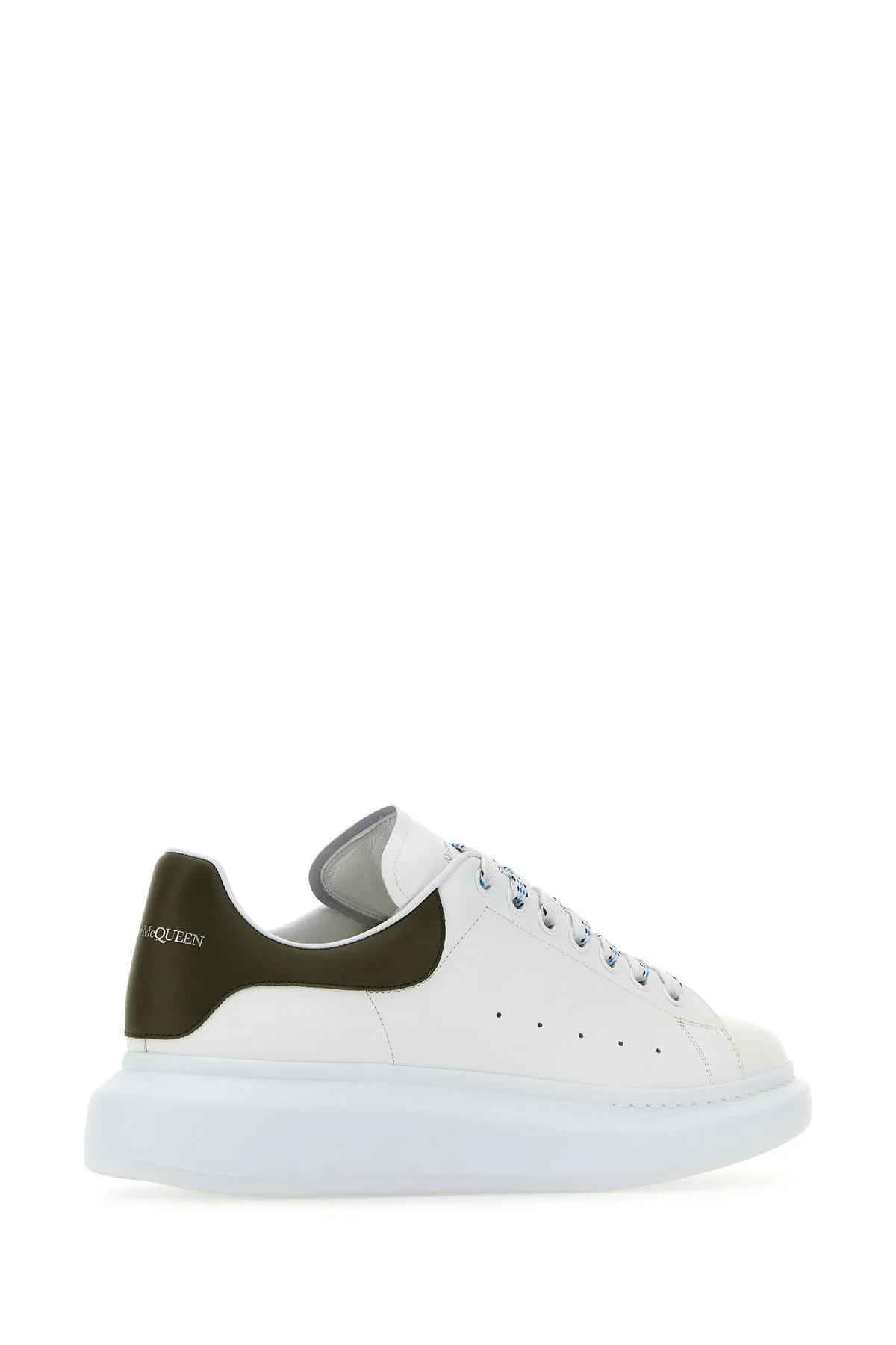 Shop Alexander Mcqueen White Leather Sneakers With Army Green Leather Heel