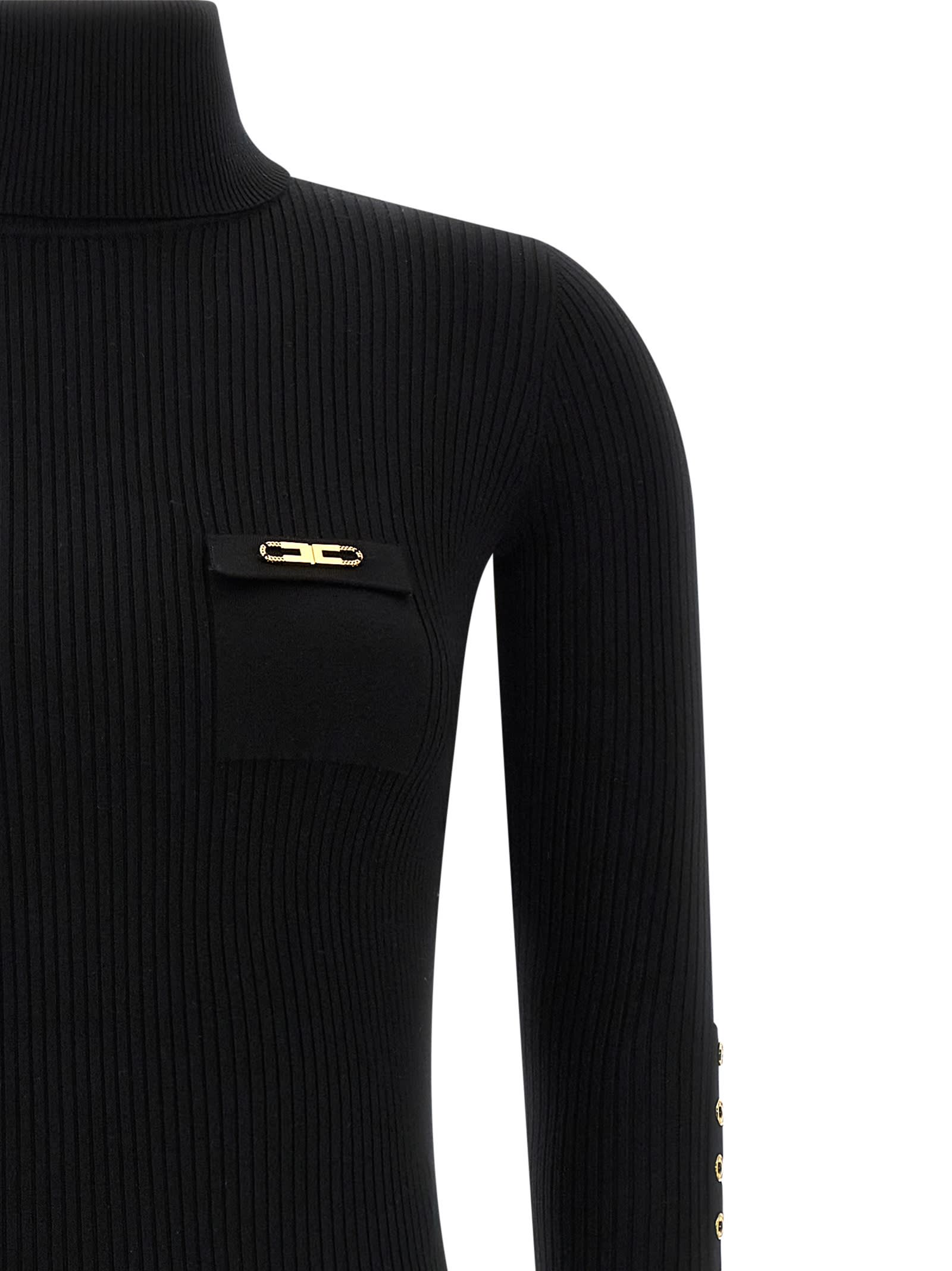 Elisabetta Franchi Form-fitting Black Midi Dress With Ribbed Texture And Logo Detail In Black