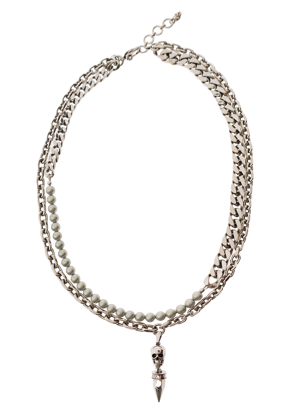 Alexander Mcqueen Silver Double-layered Chain Necklace With Pearls And Skull Charm In Brass Man In Metallic