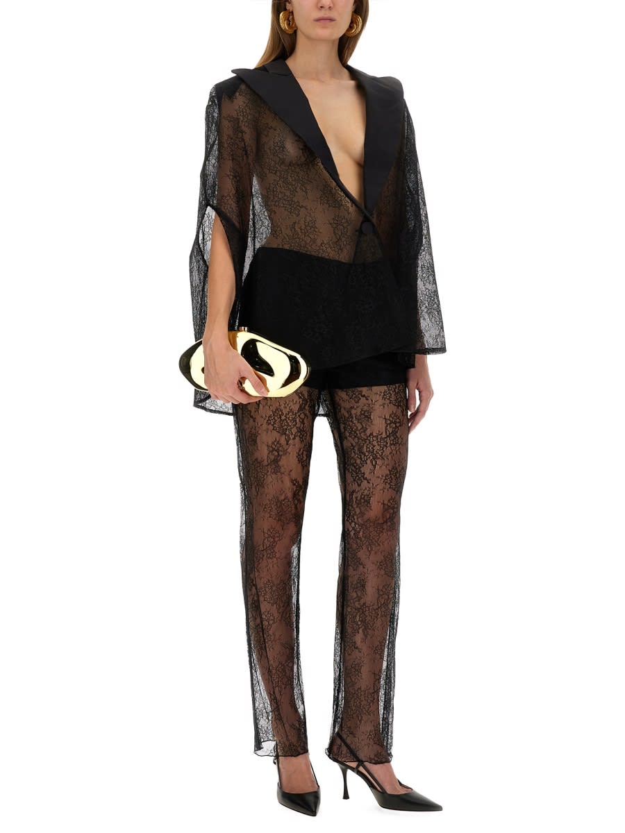 Nina Ricci Sheer Lace Deep V-neck Long Sleeve Top In Black