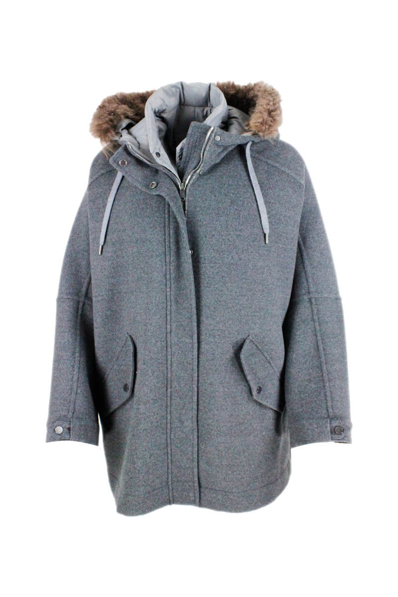 Brunello Cucinelli Wool Jacket With Hood Trimmed With Cashmere Fur And With Detachable Padded Interior