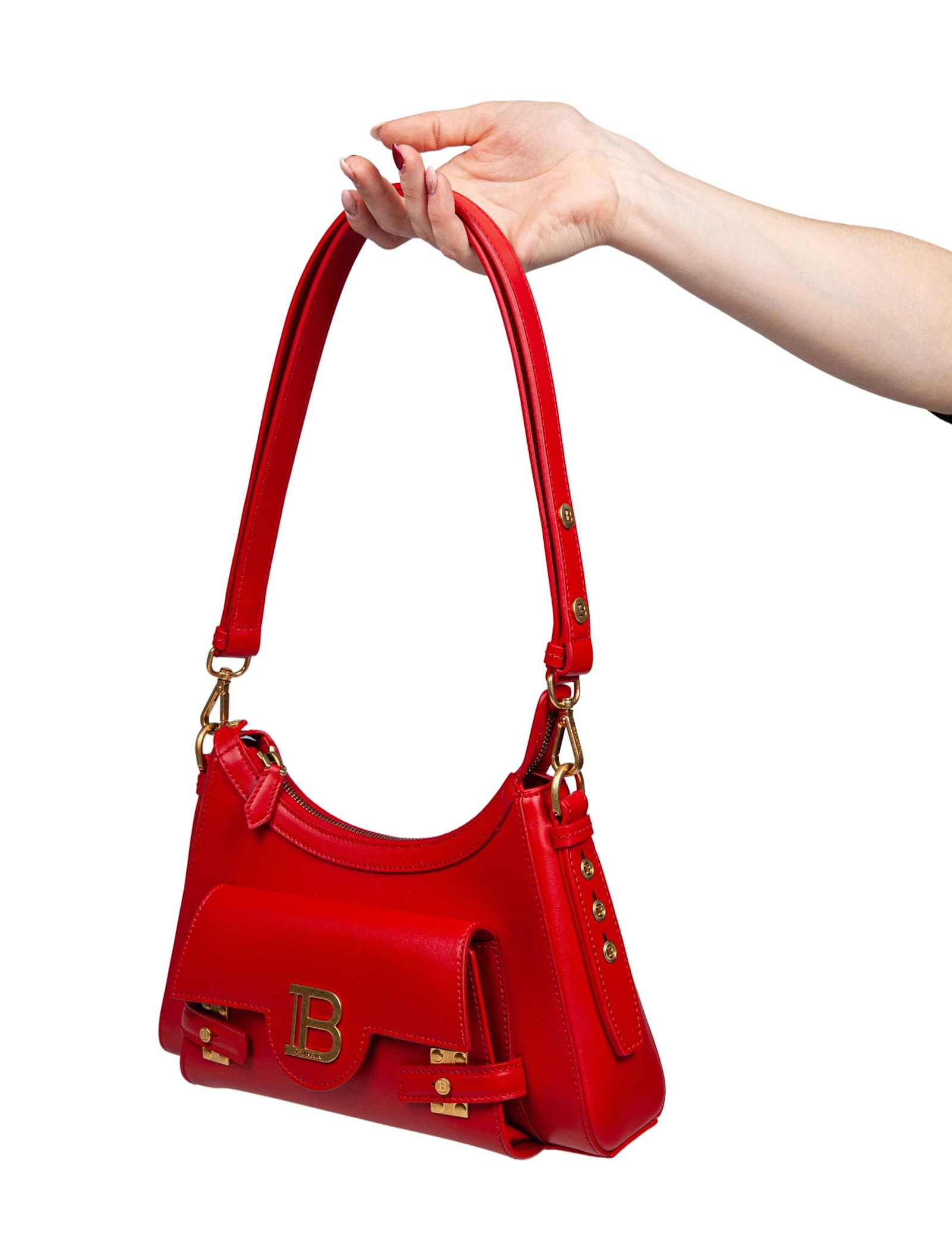 BALMAIN BALMAIN B-BUZZ HOBO LEATHER SHOULDER BAG RED COLOR