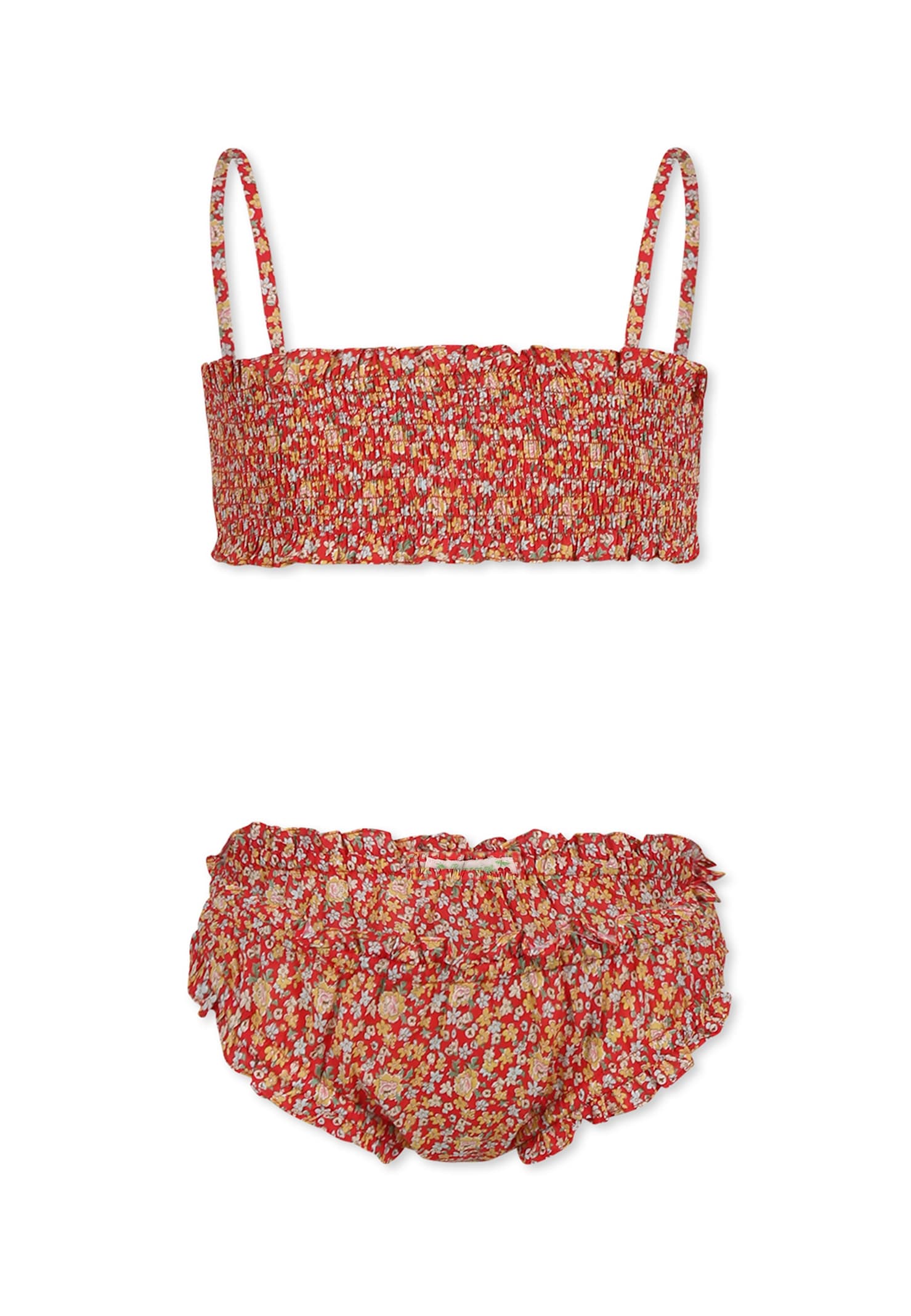 Bonpoint Red Bikini For Girl With Floral Print In Red