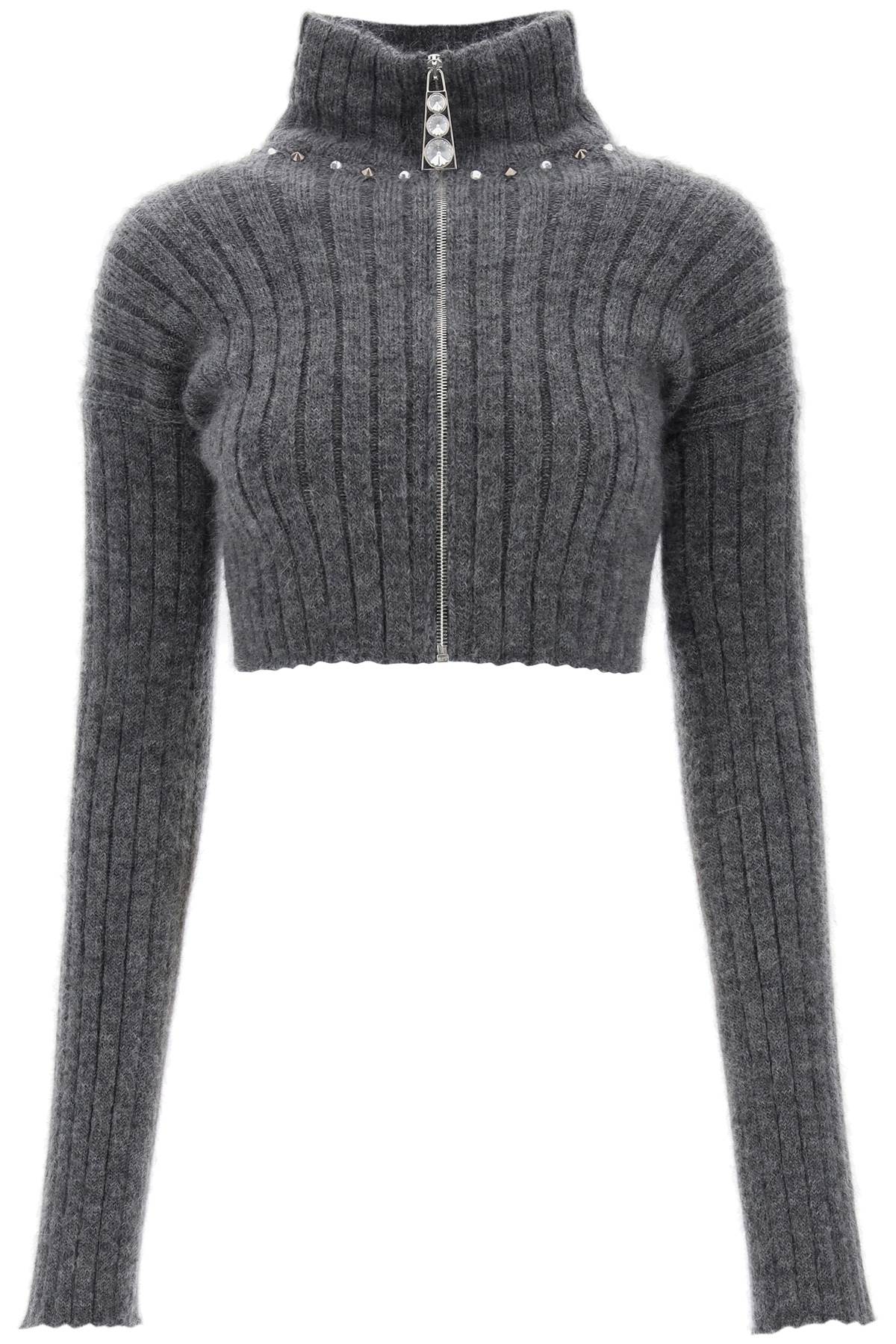 Shop Alessandra Rich Cropped Cardigan With Zipper And Appliques In Grey Melange (grey)