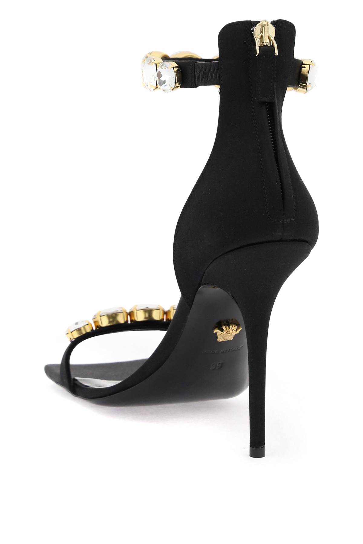 Shop Versace Satin Sandals With Crystals In Nero