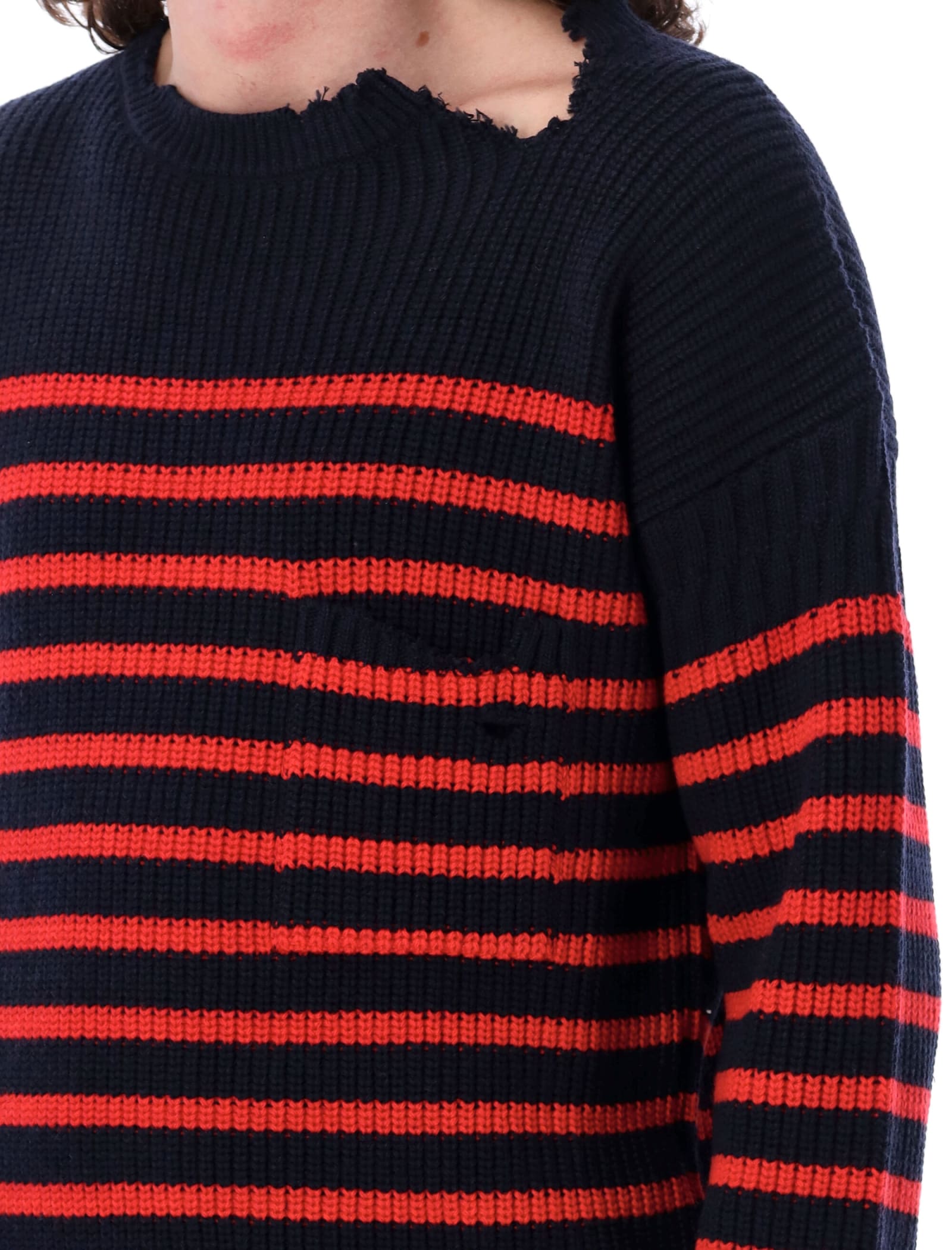 Marni Sailor Striped Distressed Crewneck Sweater In Blu Marine