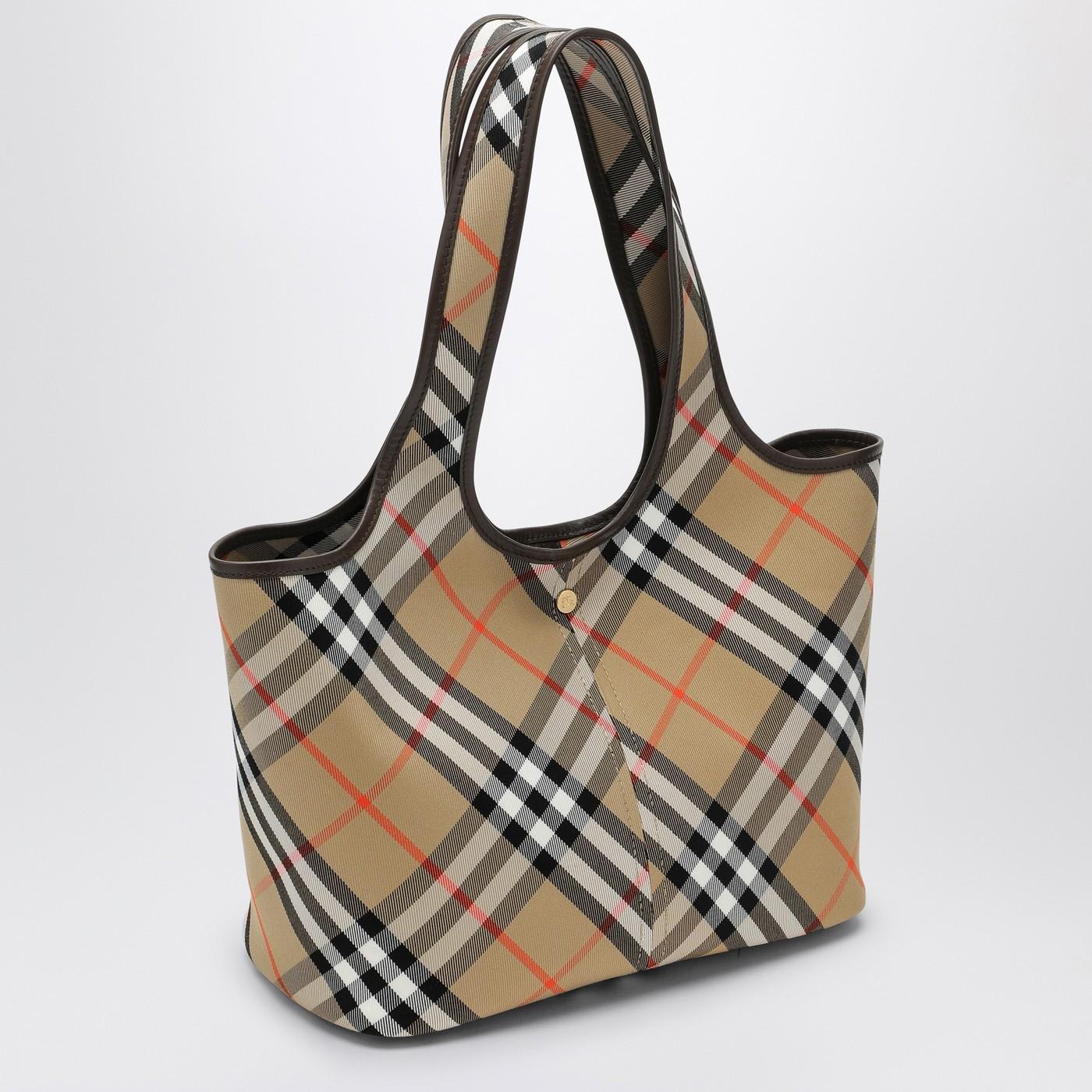 Shop Burberry Beige Check Pattern Small Tote Bag In Sand