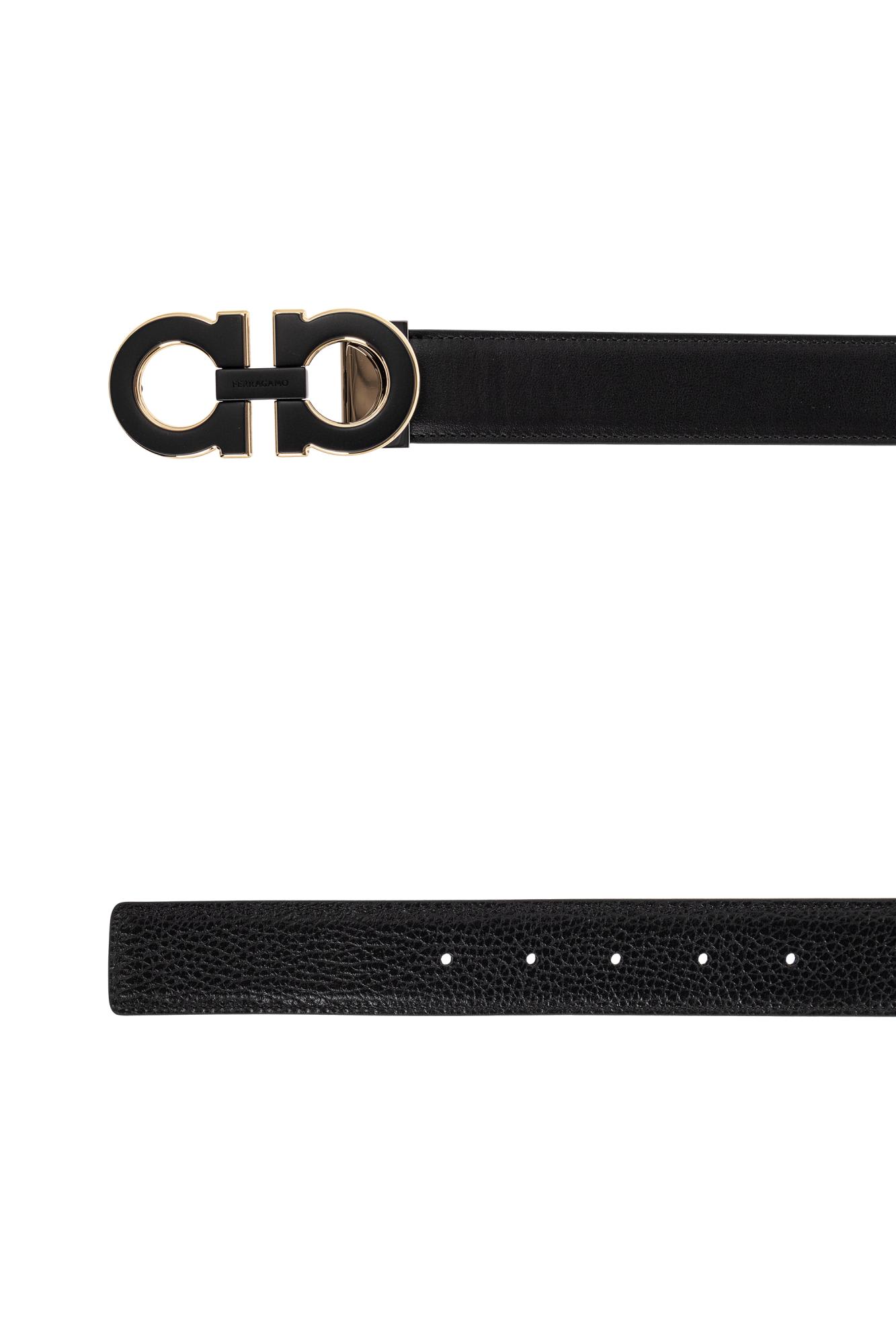 Ferragamo Double Gancini Leather Belt In Black