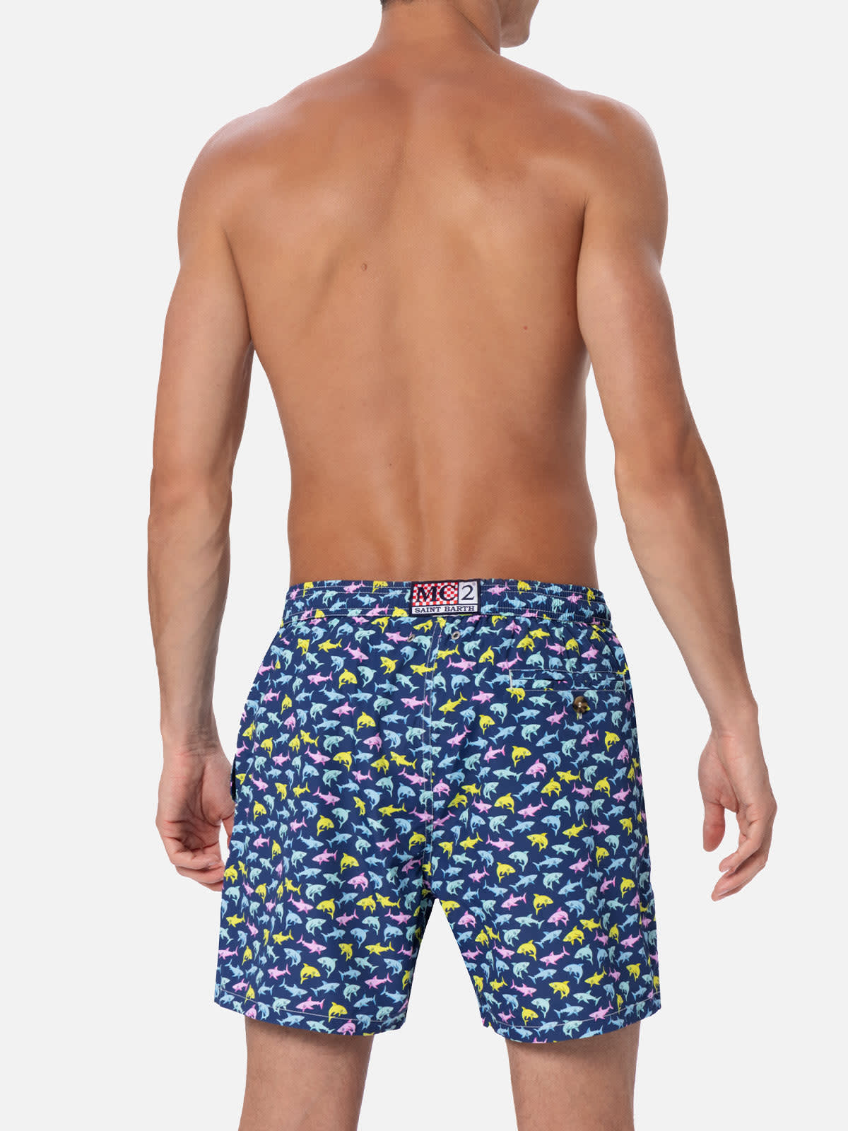 Shop Mc2 Saint Barth Man Lightweight Fabric Swim-shorts Lighting Micro Fantasy With Shark Print In Blue