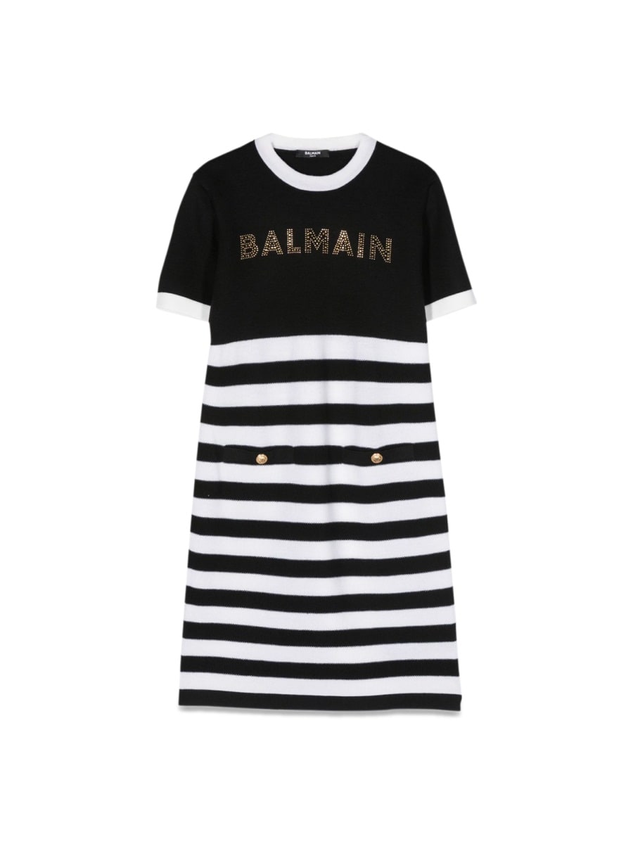 Shop Balmain Logo Knit Dress And Stripes In Multicolour