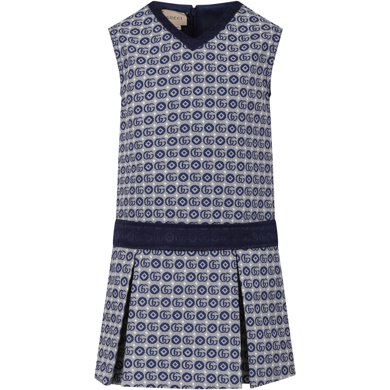 Gucci Kids' Blue Dress For Girl With Geometric Pattern And Double G