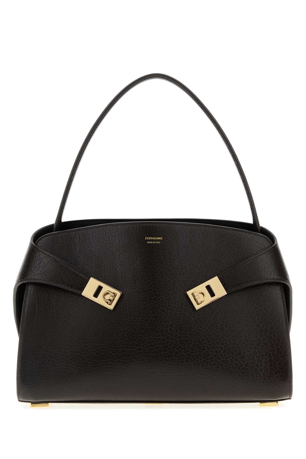 Ferragamo Dark Brown Leather Medium Hug Soft Shoulder Bag In Black