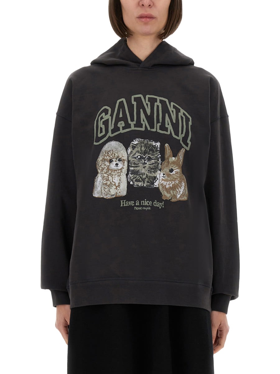 Ganni Hoodie With Logo Print In Black