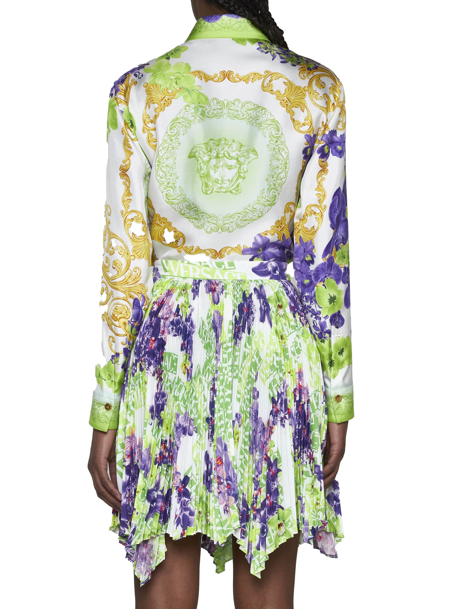 Versace Logo Orchid-print Pleated Asymmetric Skirt In Bianco Verde