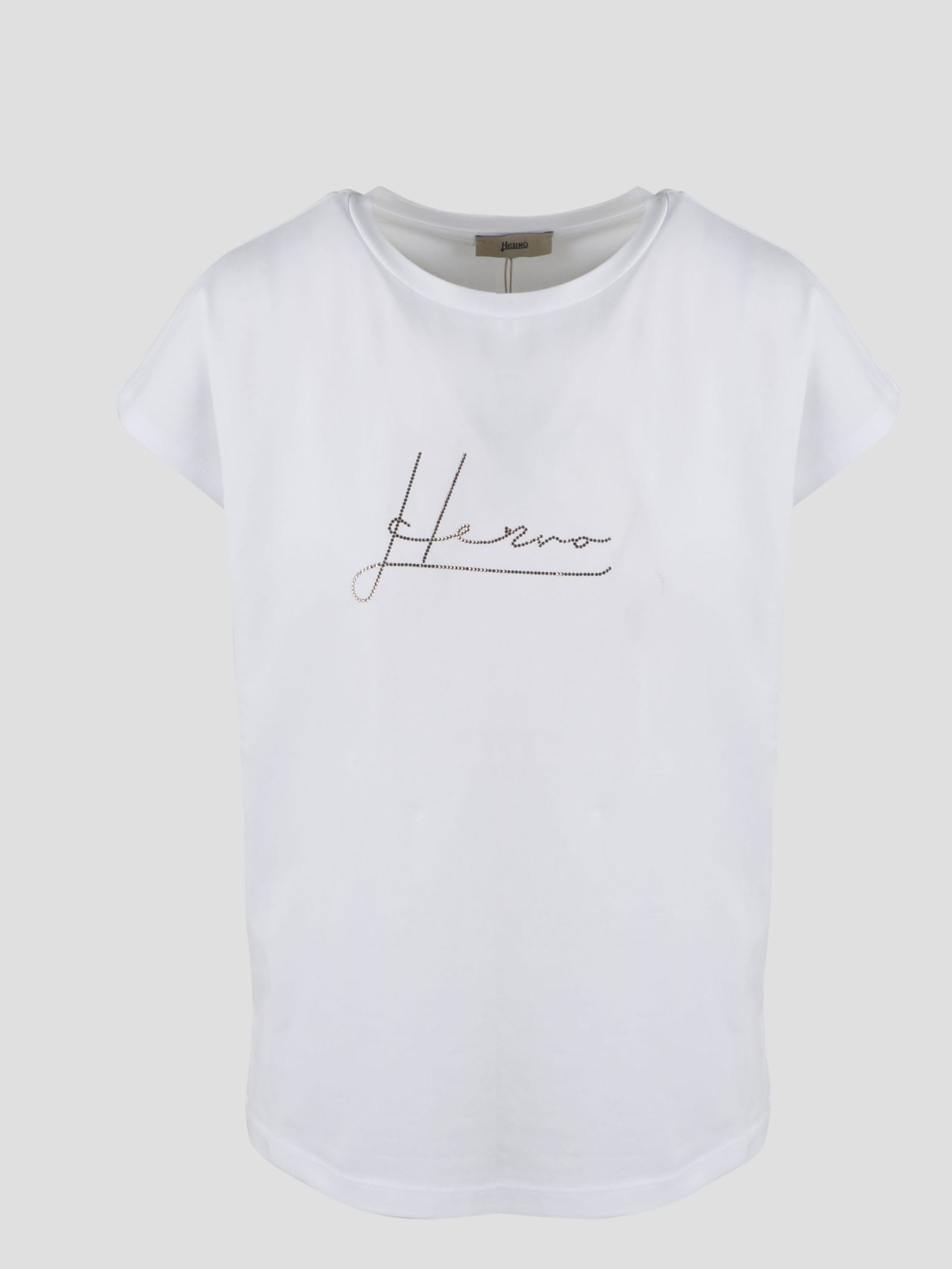 Herno Rhinestones Logo T-shirt In Bianco Marrone