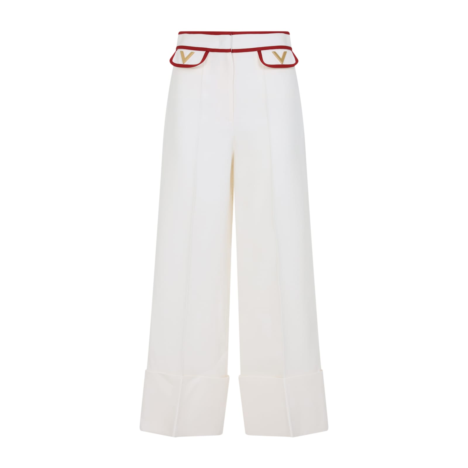 Valentino Ivory Trousers With Gold V In White