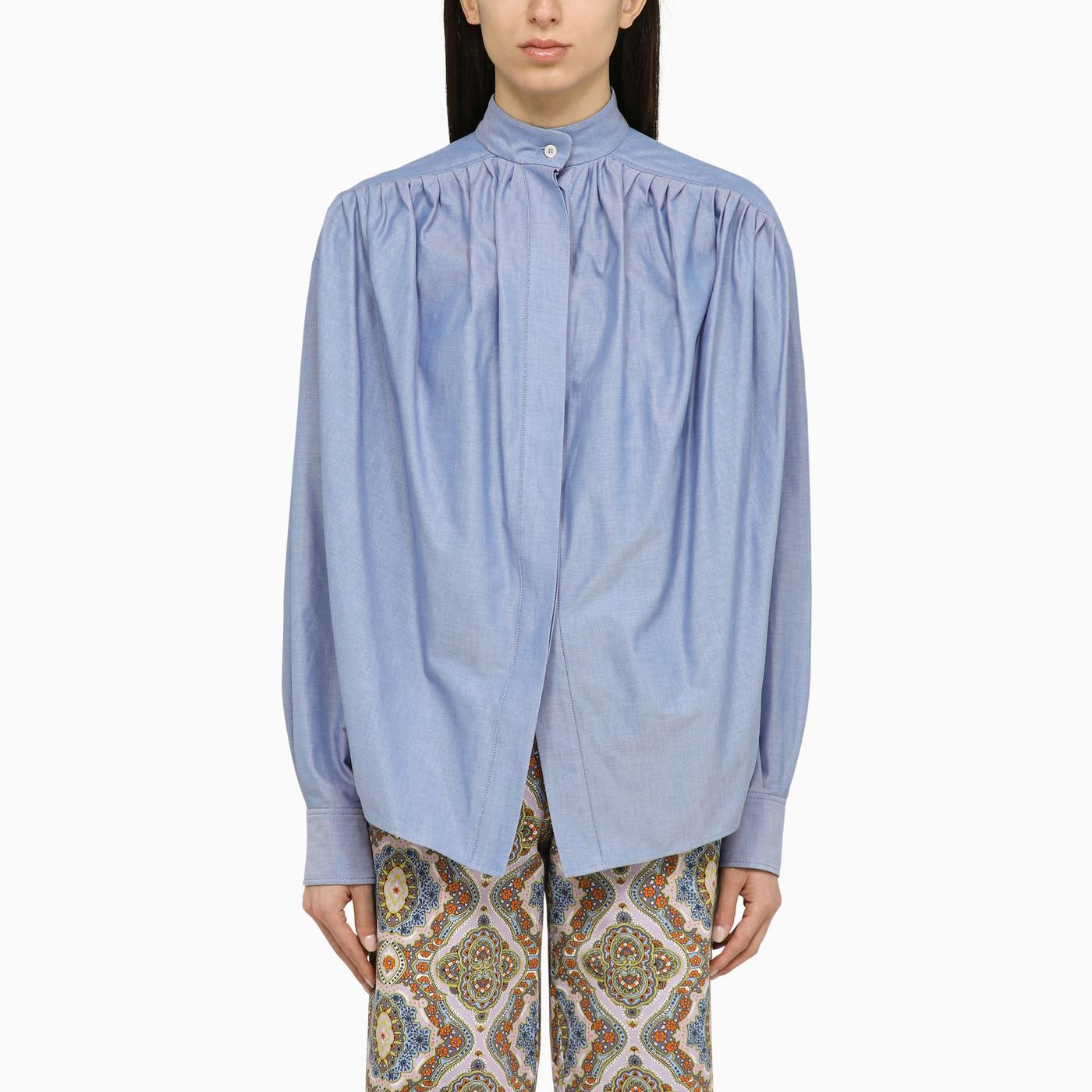 Shop Etro Light Blue Cotton Blouse With Ruffled Pattern