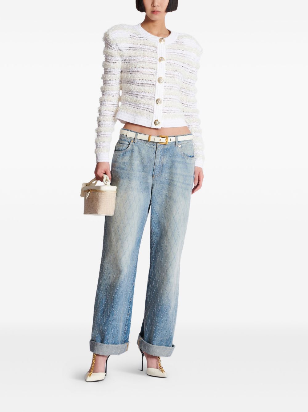 Balmain Tweed Knit Cardigan Featuring Shoulder Pads In White