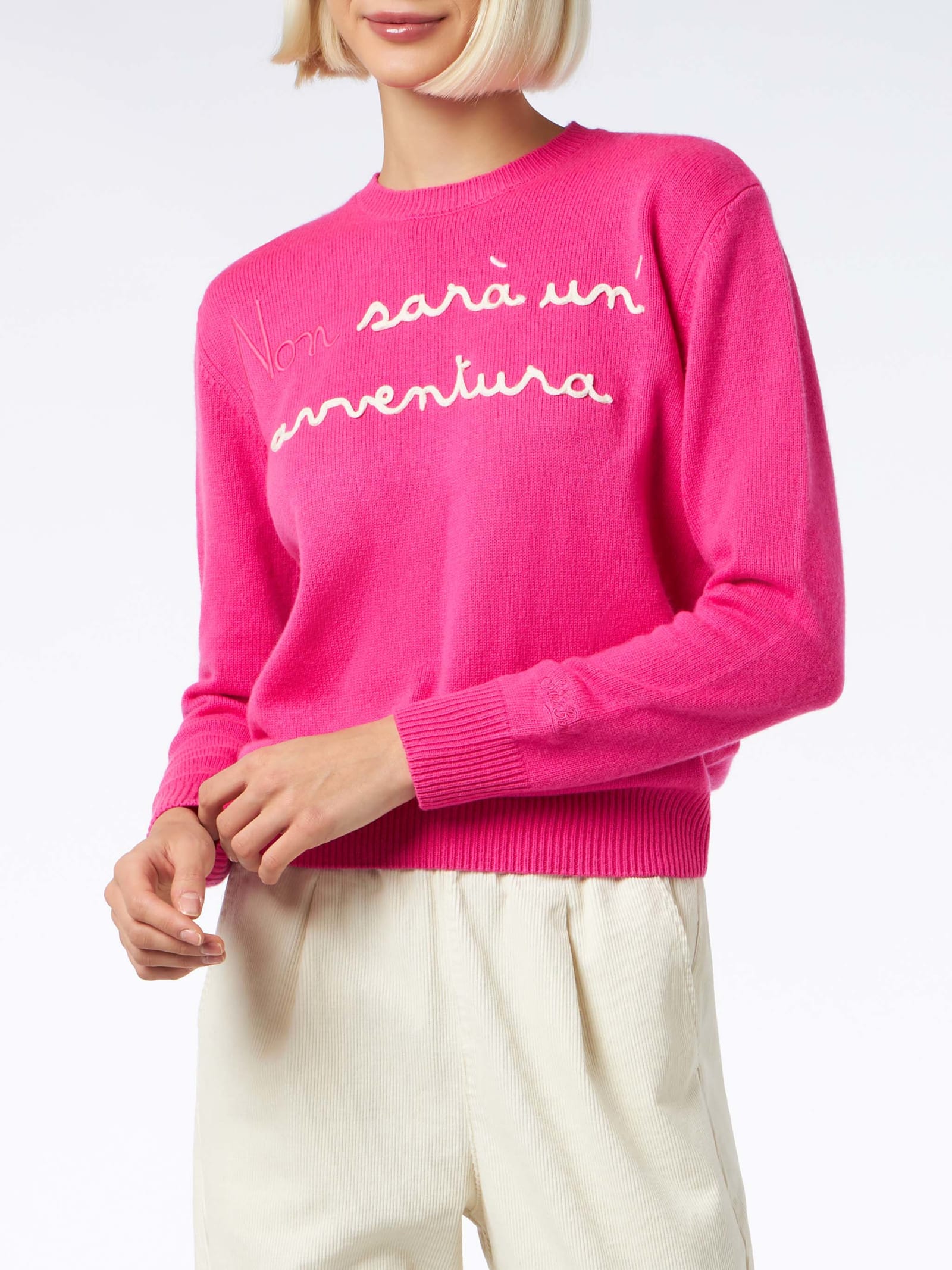 Shop Mc2 Saint Barth Woman Crewneck Fluo Pink Sweater With Non Sarà Unavventura Embroidery Niki Dj Special Edition