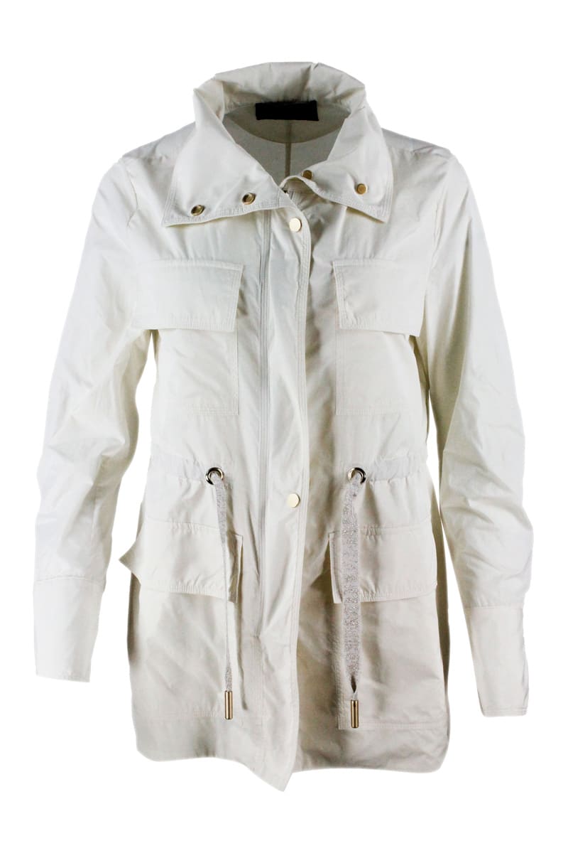 Lorena Antoniazzi Kway Nylon Jacket With Drawstring Waist With Pockets And Zip And Button Closure