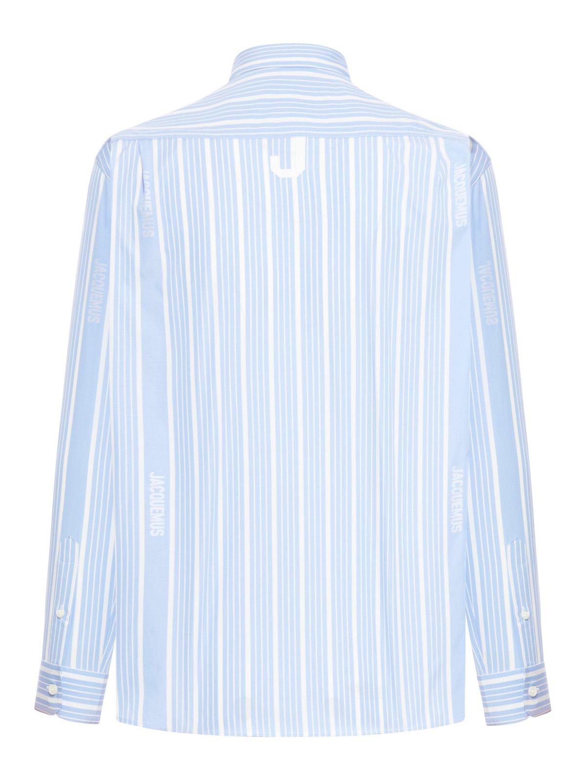 Shop Jacquemus Striped Collared Long-sleeve Shirt In White, Light Blue