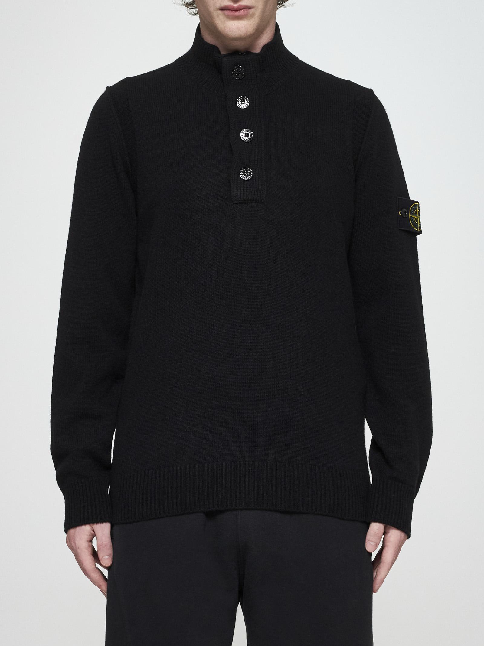 Shop Stone Island Button-collar Wool-blend Sweater In Black