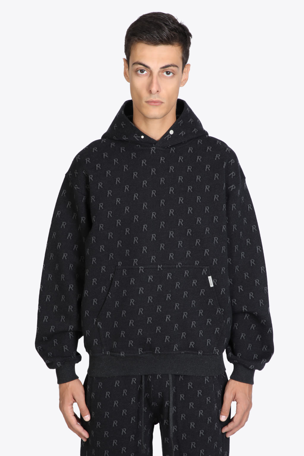 REPRESENT Intarsia Initial Hoodie Dark grey cotton knit hoodie with monogram pattern - Intarsia initial hoodie