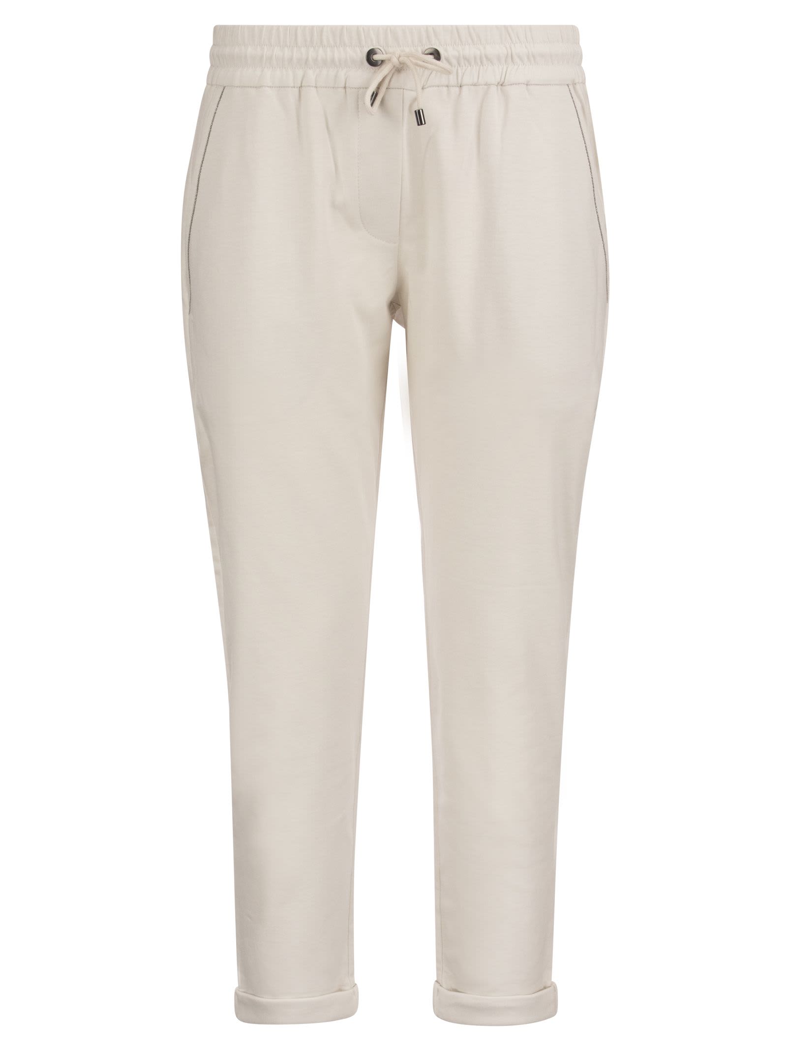 Brunello Cucinelli Stretch Cotton Lightweight French Terry Trousers With Monili