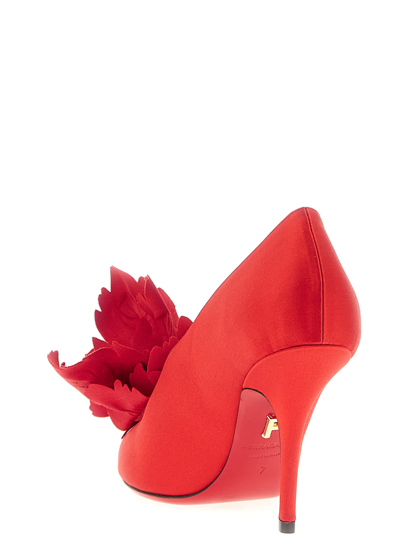 Ferragamo Floral Peep Toe Satin Stiletto Pumps In Red