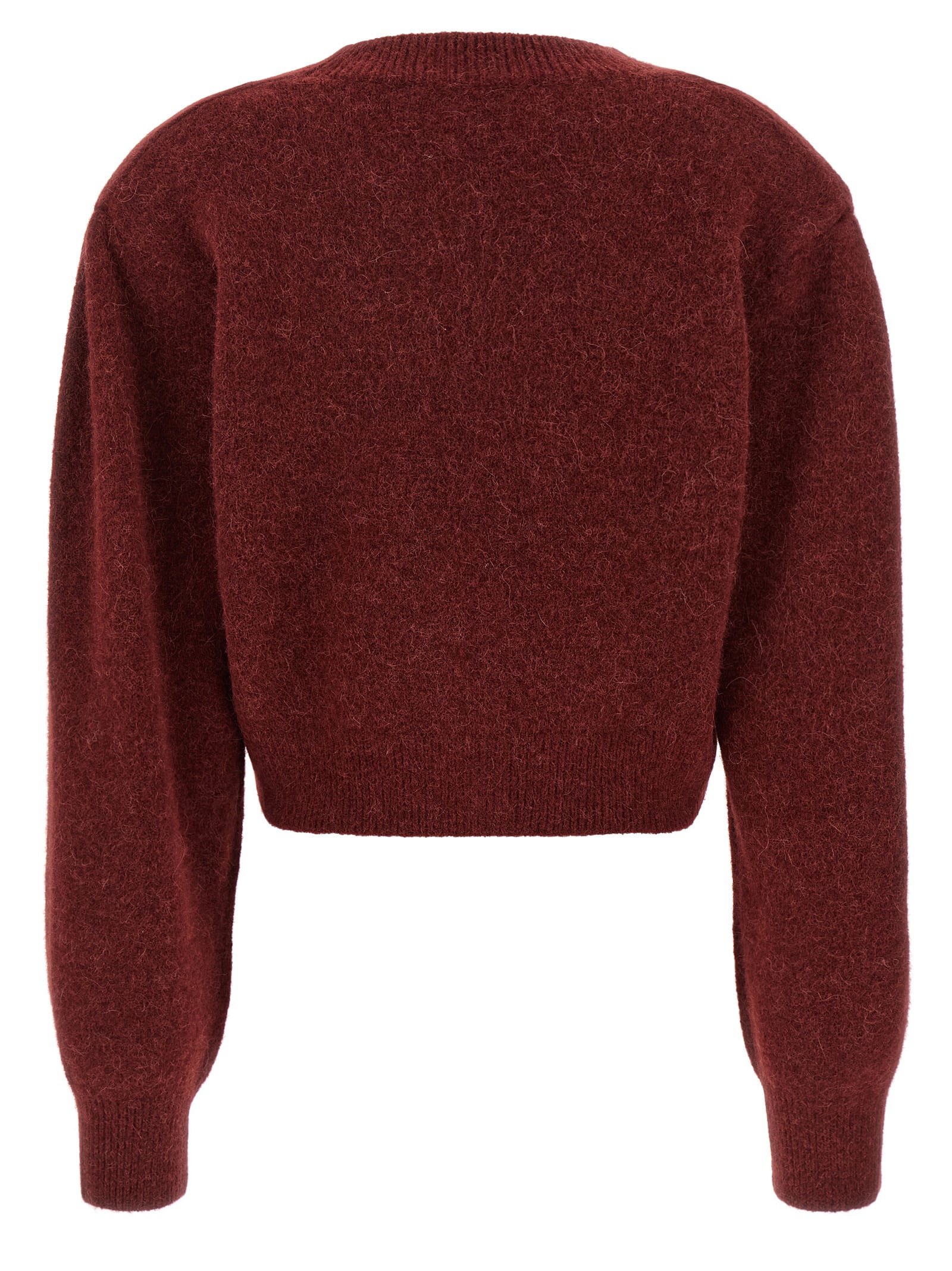 Rotate Birger Christensen Rotate Cropped Burgundy Sweater With Deep V-neckline And Floral Embellishment In Burgundy