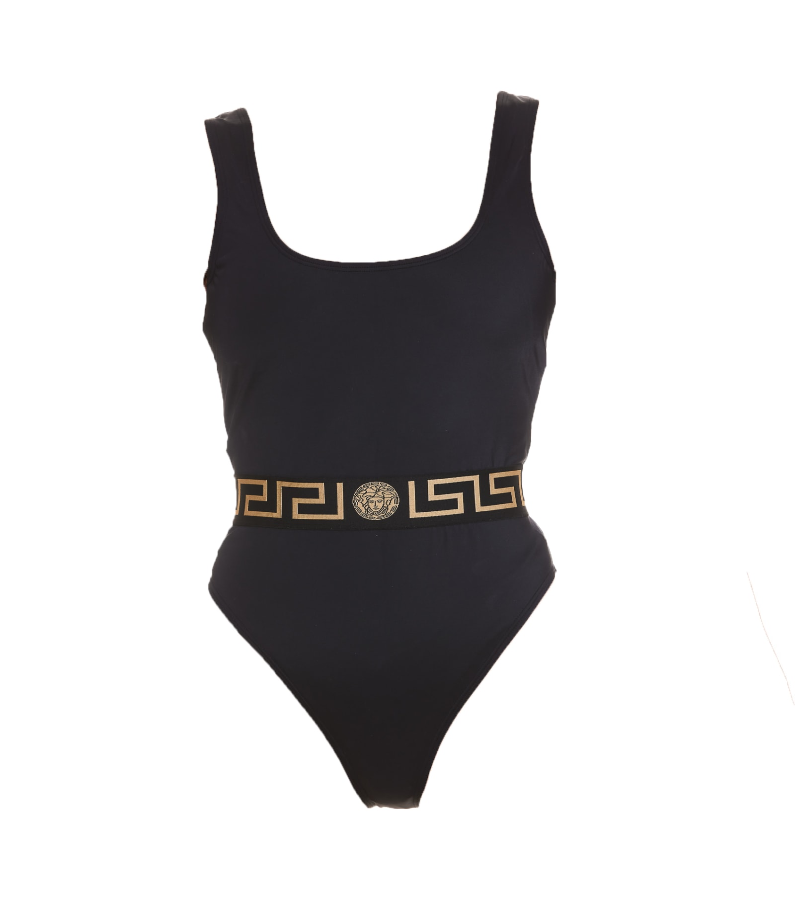 Shop Versace La Greca Logo Swimsuit In Black