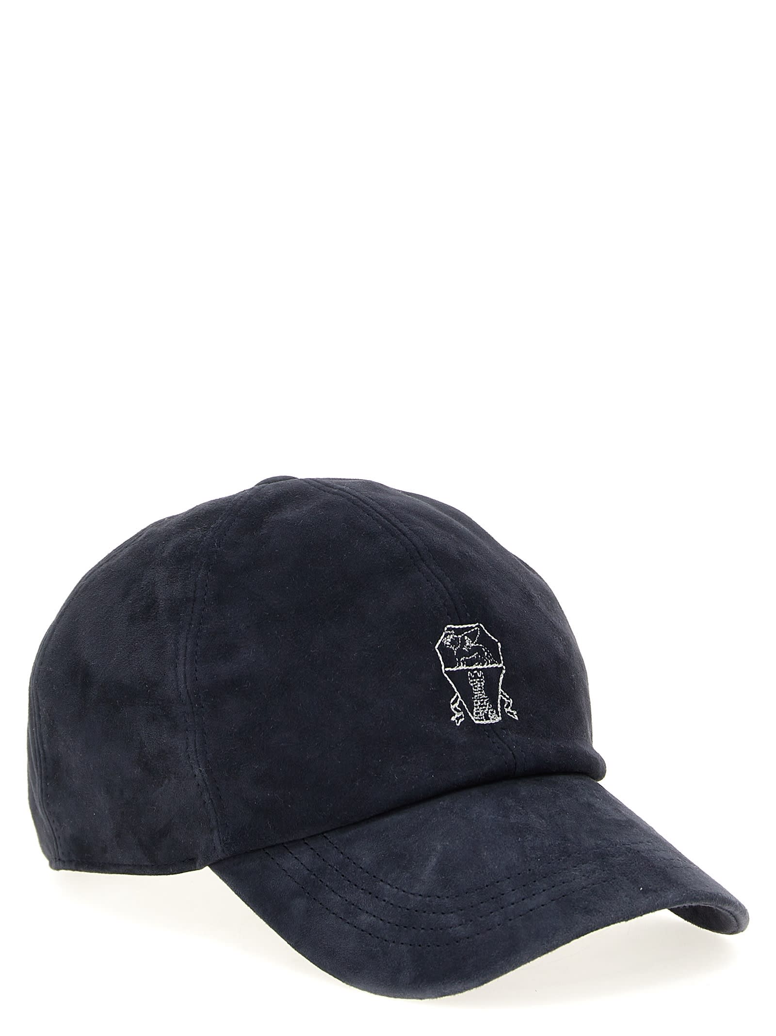 Shop Brunello Cucinelli Suede Cap With Logo Embroidery In Blue