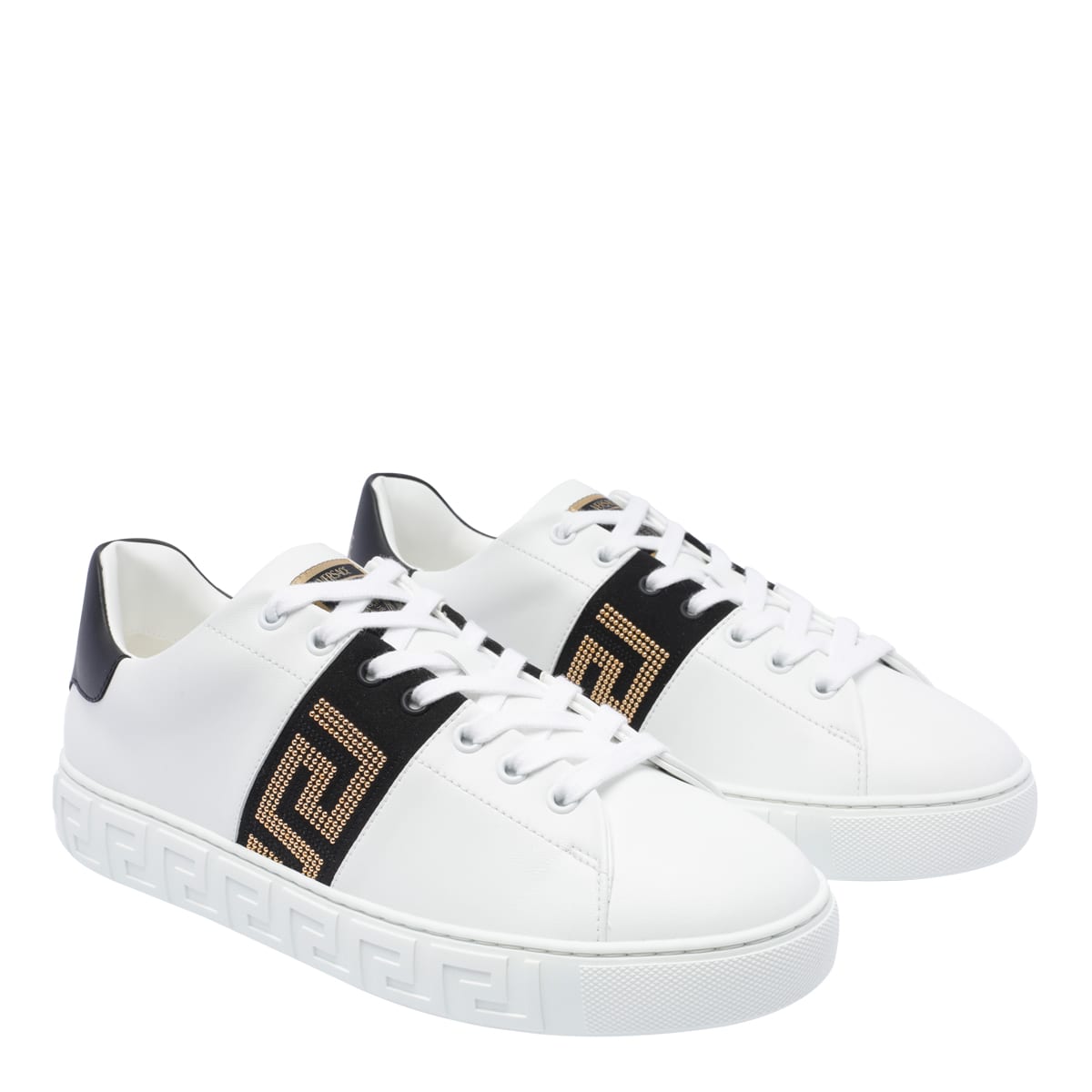 Shop Versace Studded Greca Sneakers In White