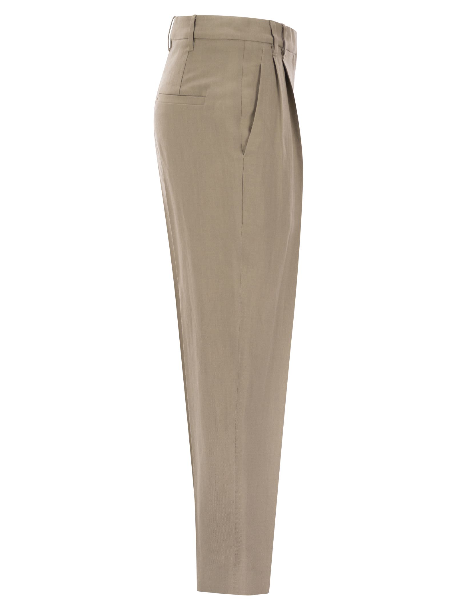 BRUNELLO CUCINELLI SLOUCHY TROUSERS IN VISCOSE AND LINEN FLUID TWILL WITH MONILINE