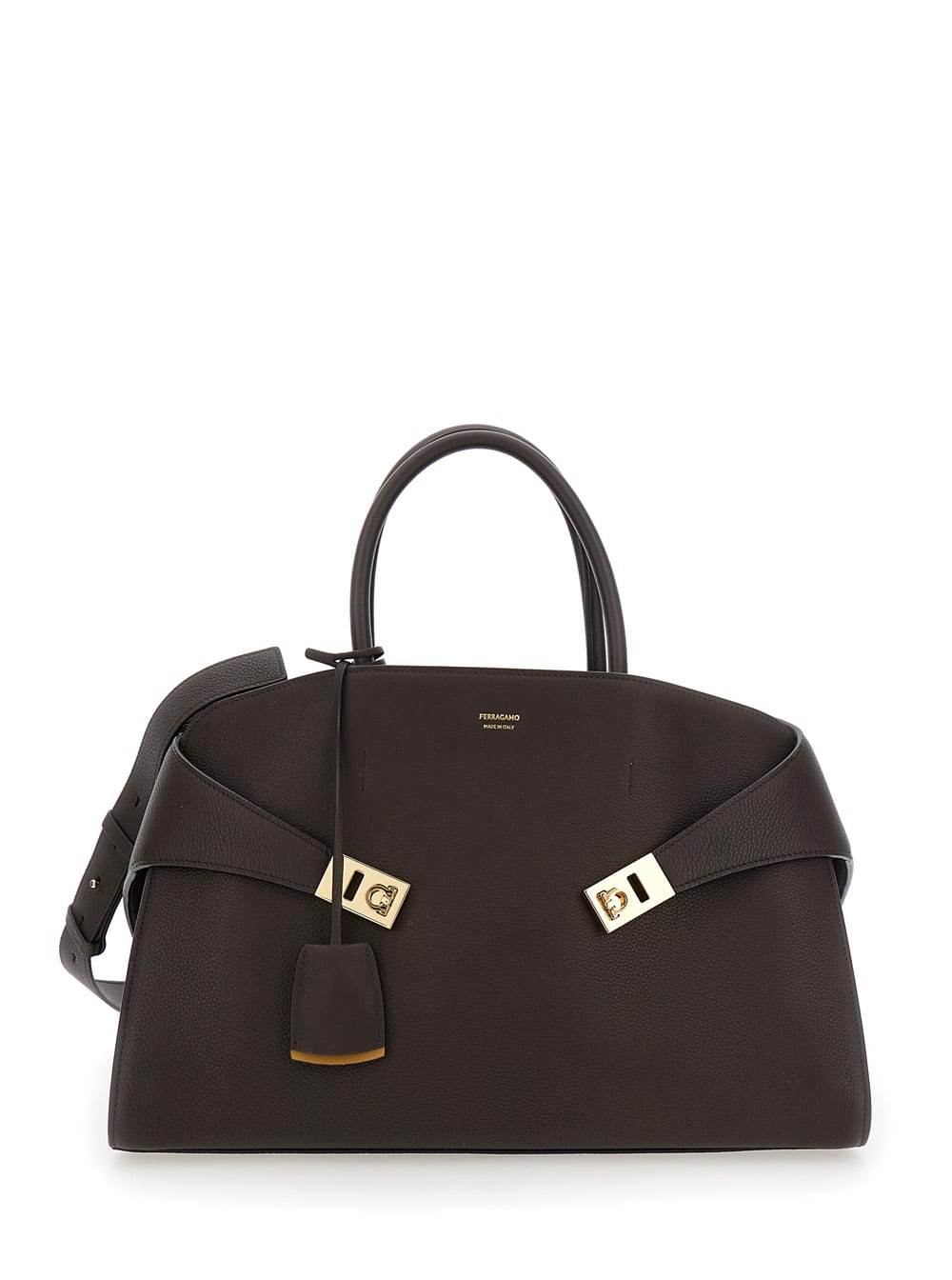 Ferragamo Hug Bicolor Brown Handbag With Logo And Gancini Buckle In Leather Woman In Brown