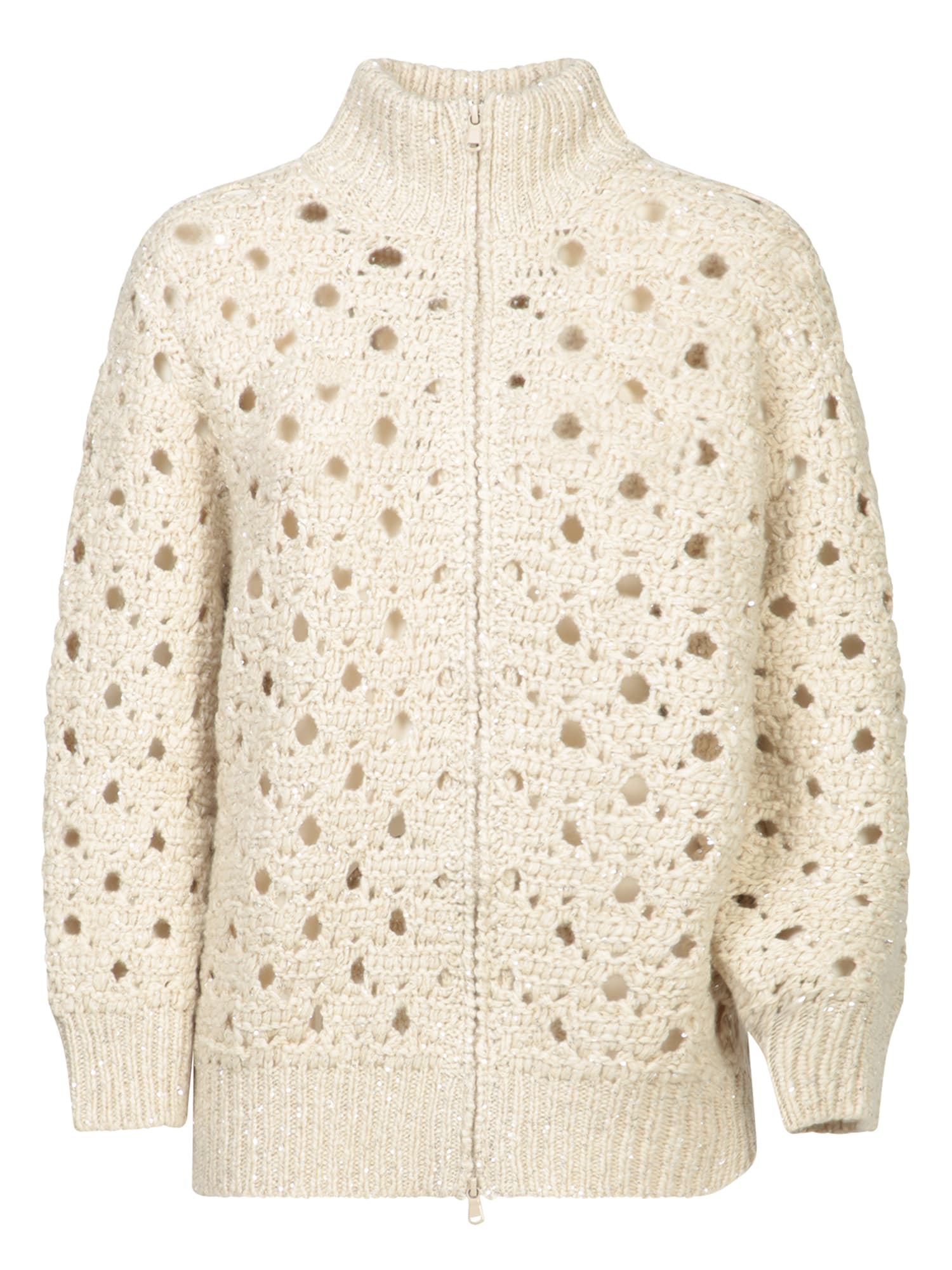 Shop Brunello Cucinelli Light Beige Zip Cardigan