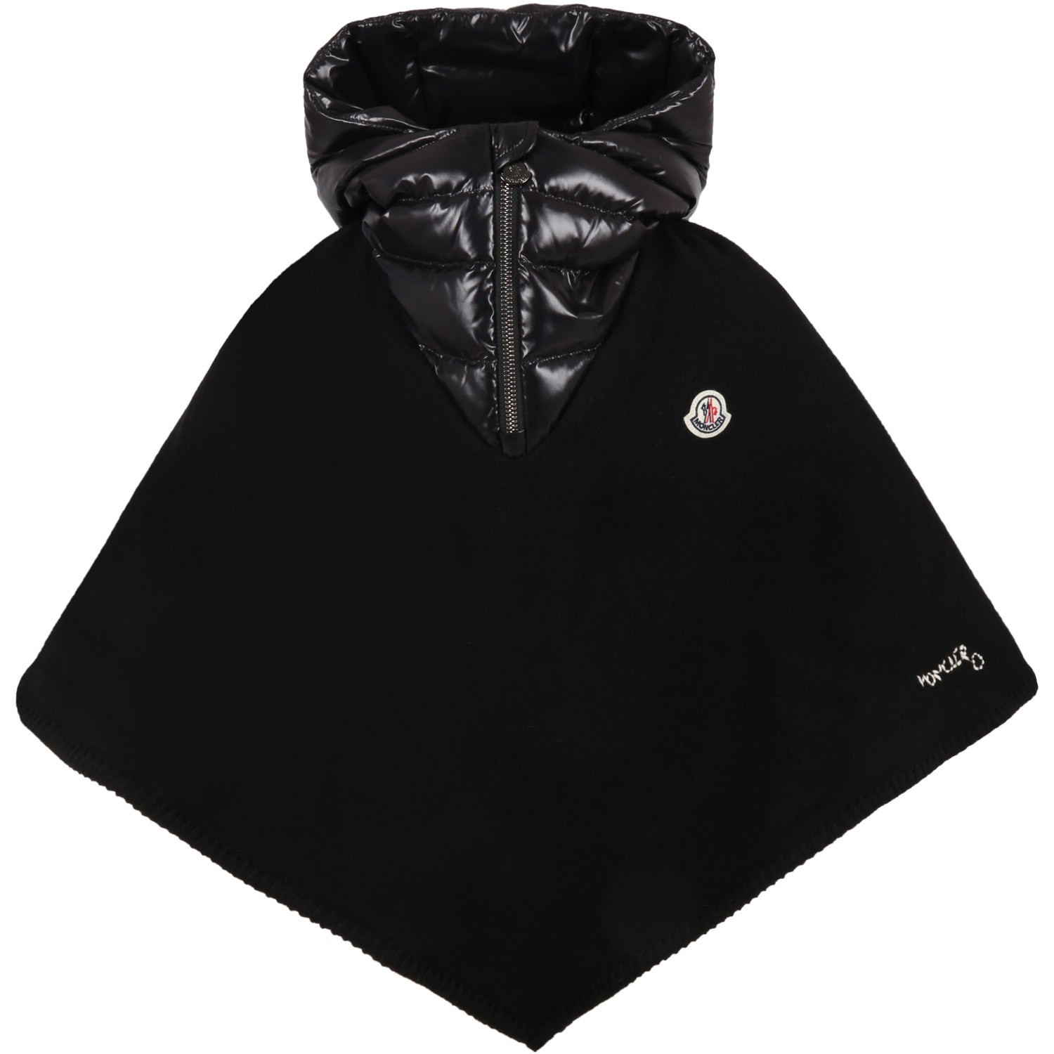 Moncler Black Poncho For Girl With Patch Logo And White Logo