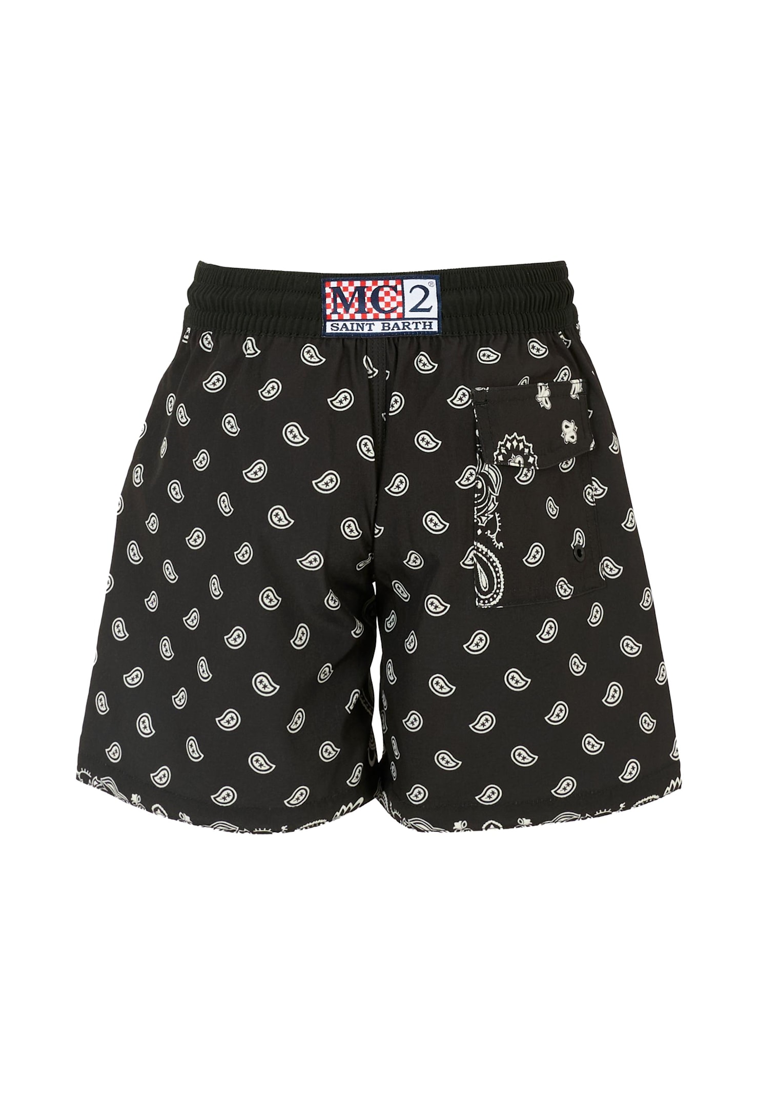 Mc2 Saint Barth Black Swim Shorts For Boy With White Bandana Print In Black