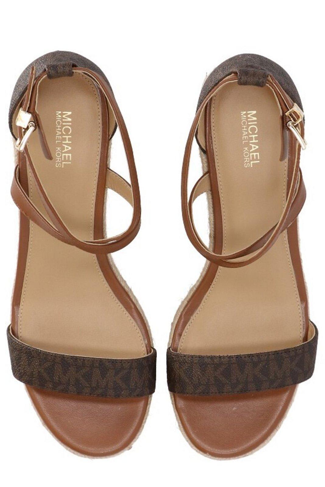 Shop Michael Kors Serena Logo Printed Wedge Sandals In Brown
