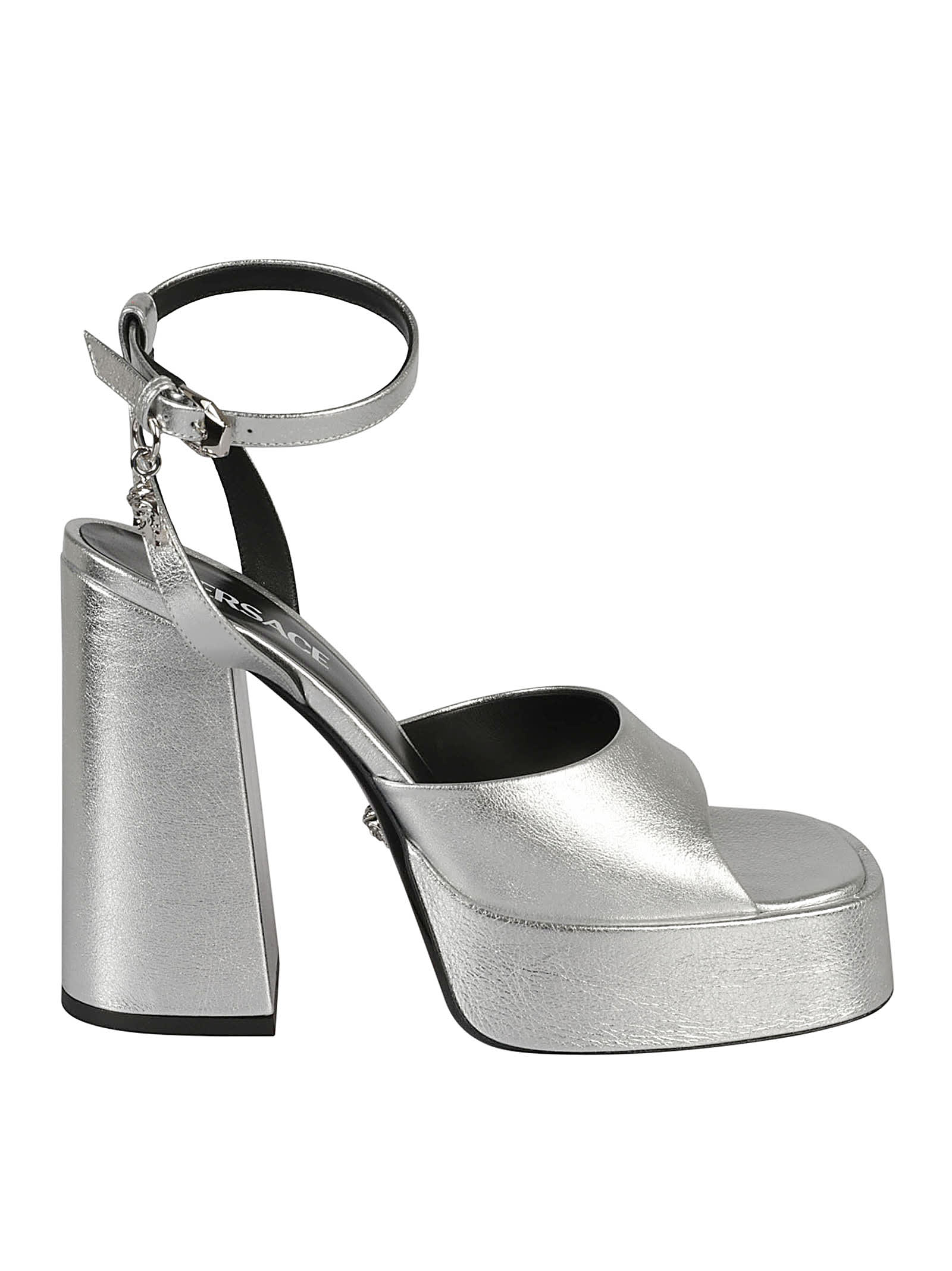 Shop Versace Block Heel Sandals In Silver