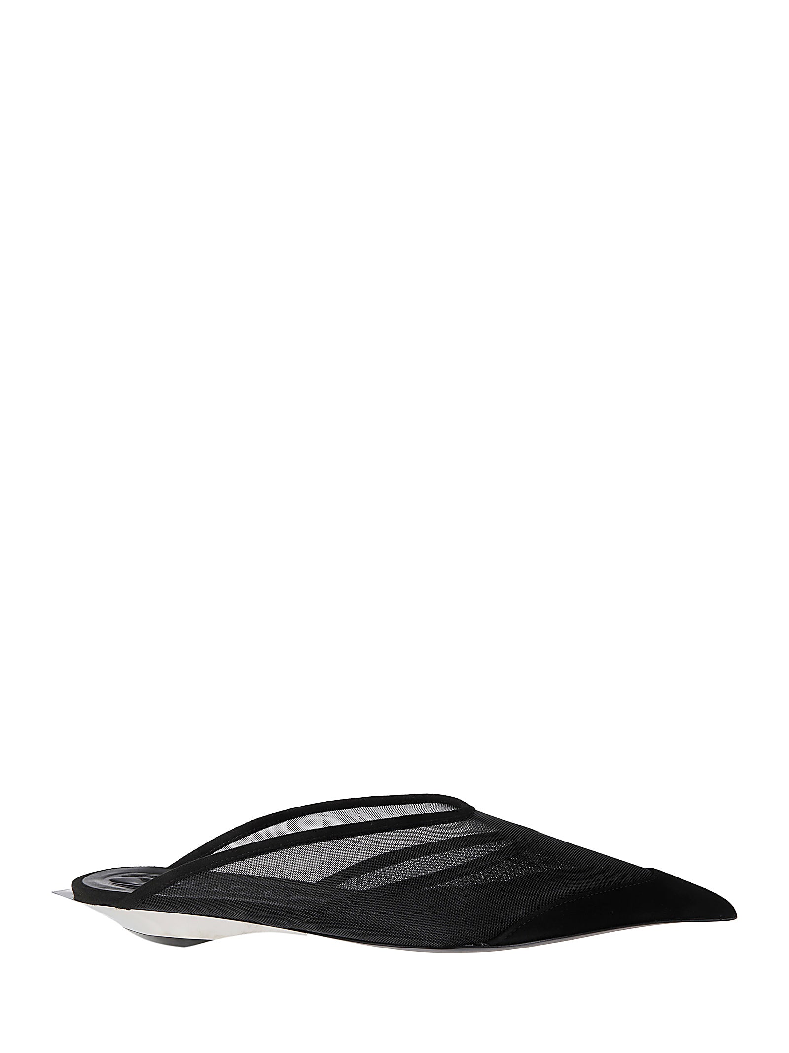 Mugler Pointy Mesh Flat In Mesh Suede Black / Chrome Heel